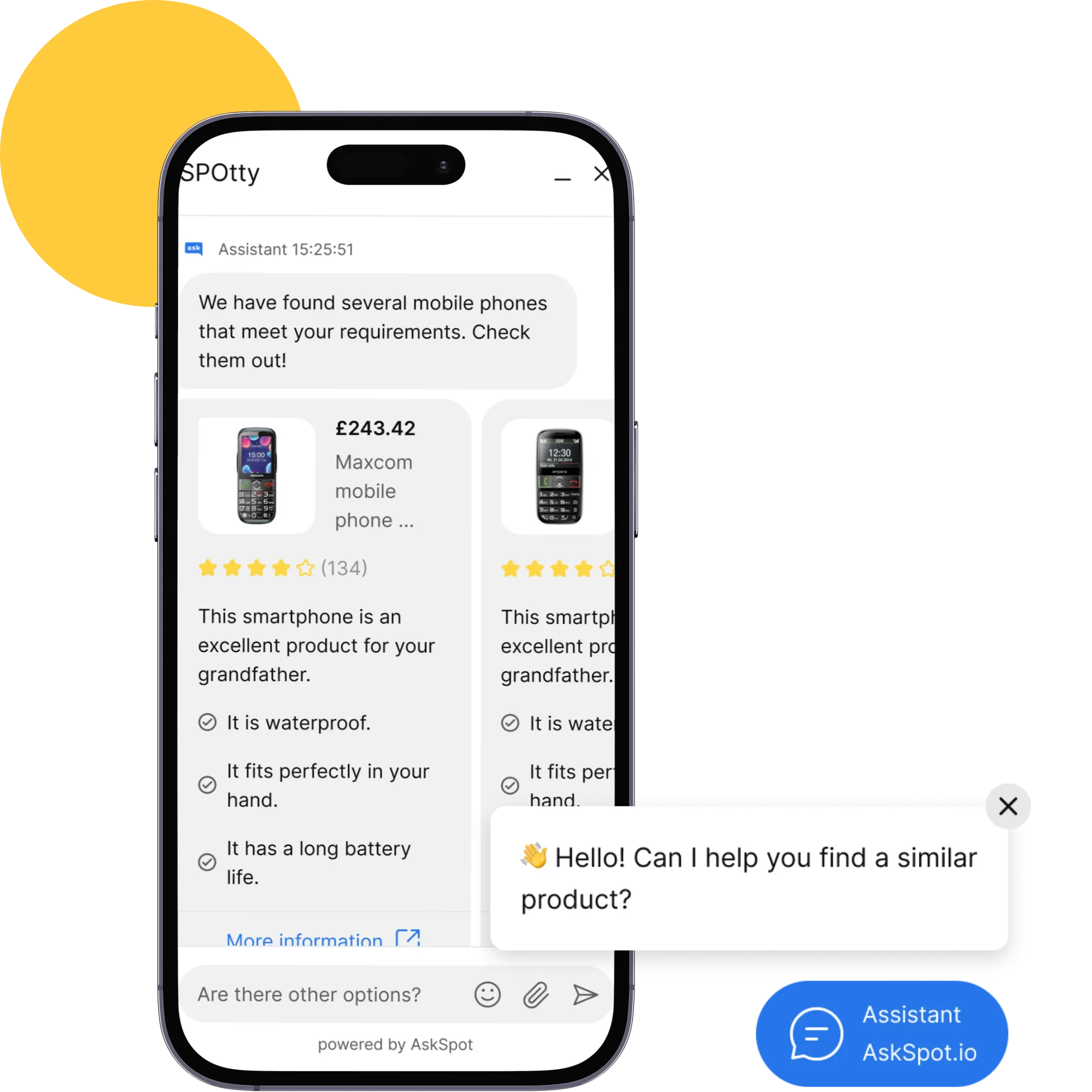 Smartphone screen displaying a chatbot recommending waterproof mobile phones with long battery life, priced at £243.42, with a message asking if help is needed to find a similar product.