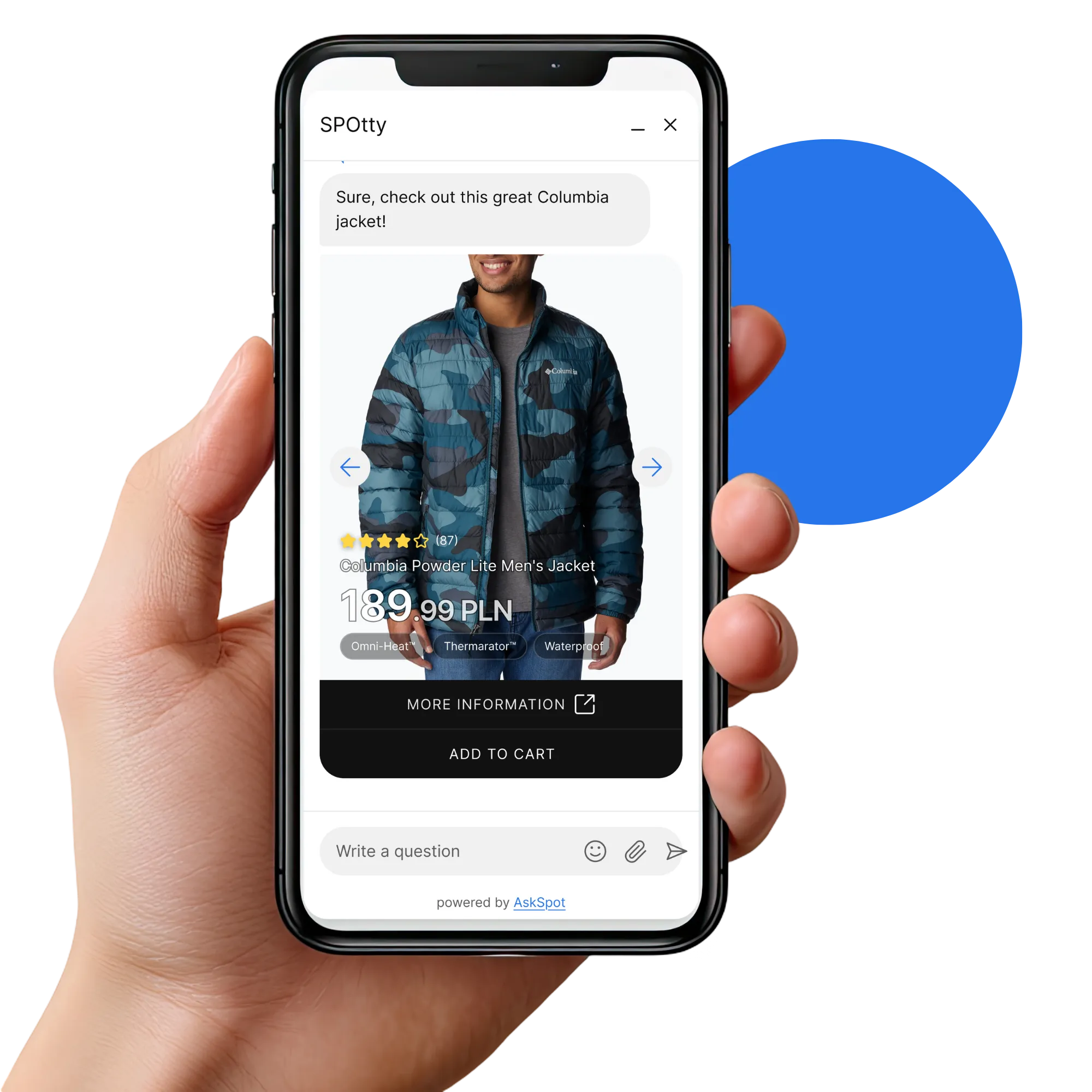 Hand holding smartphone displaying chat with AI recommending a Columbia Powder Lite Men's Jacket priced at 189.99 PLN.