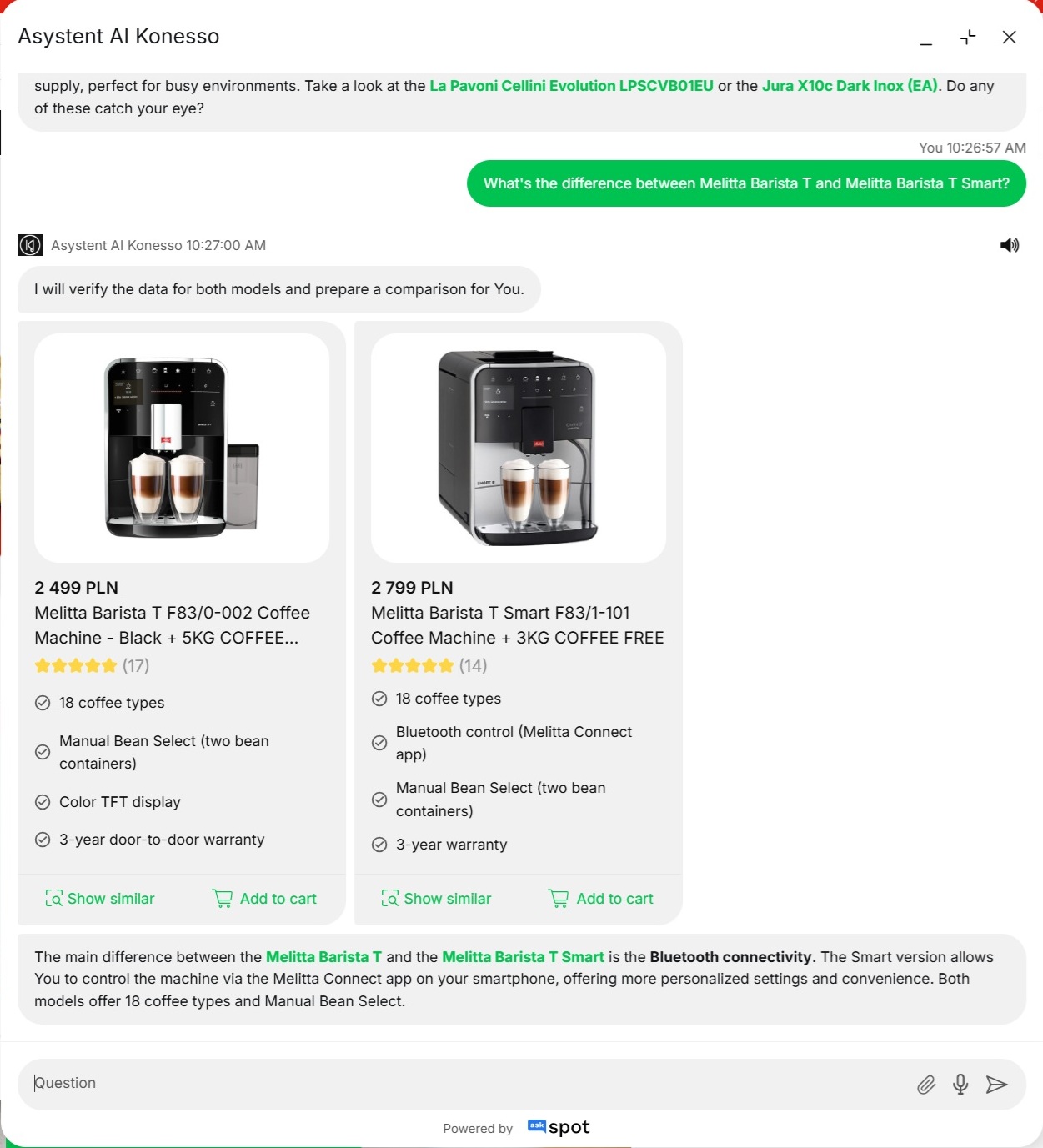 AskSpot comparing Melitta Barista T and T Smart side by side
