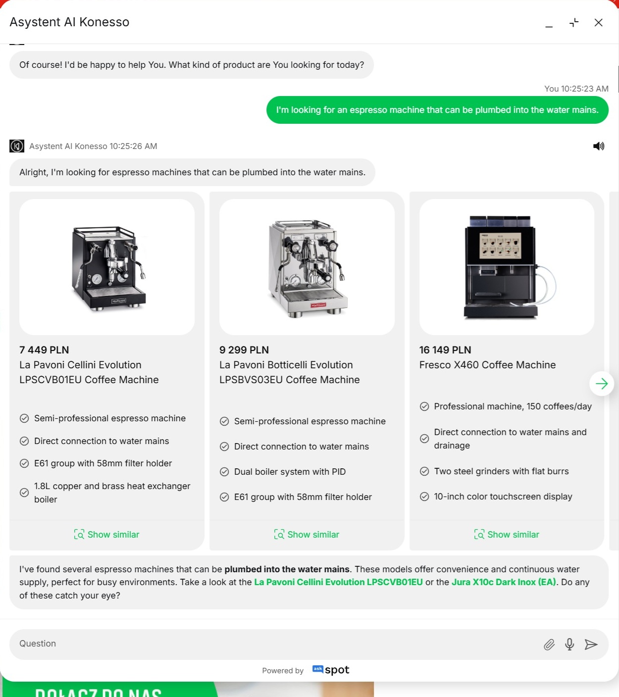 AskSpot recommending water-mains-compatible espresso machines