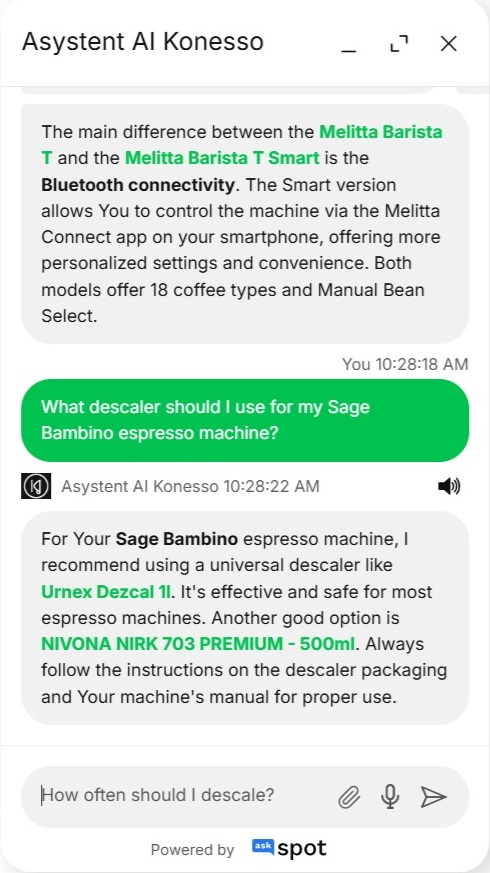 AskSpot answering a service question about Sage Bambino descaler