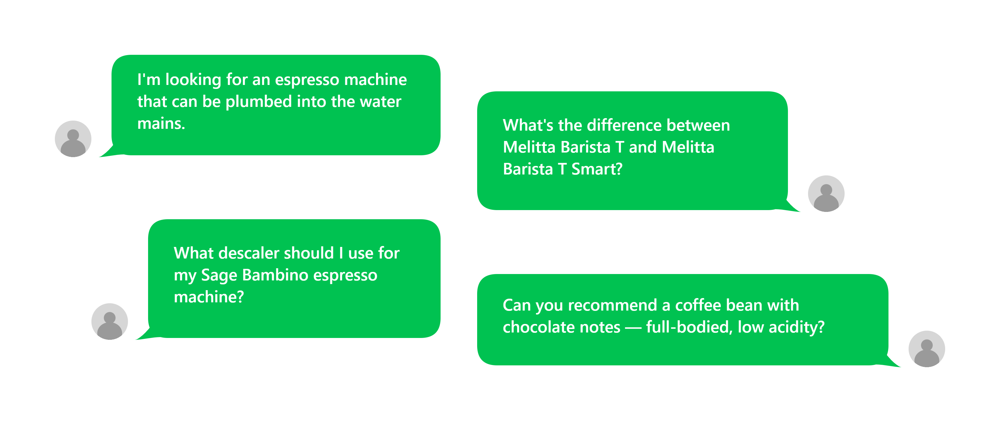Common customer questions Konesso shoppers asked the AI chat — four chat bubble examples