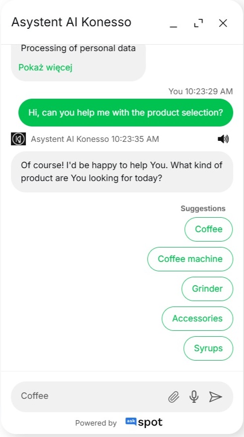 AskSpot AI chat welcome message on Konesso.pl