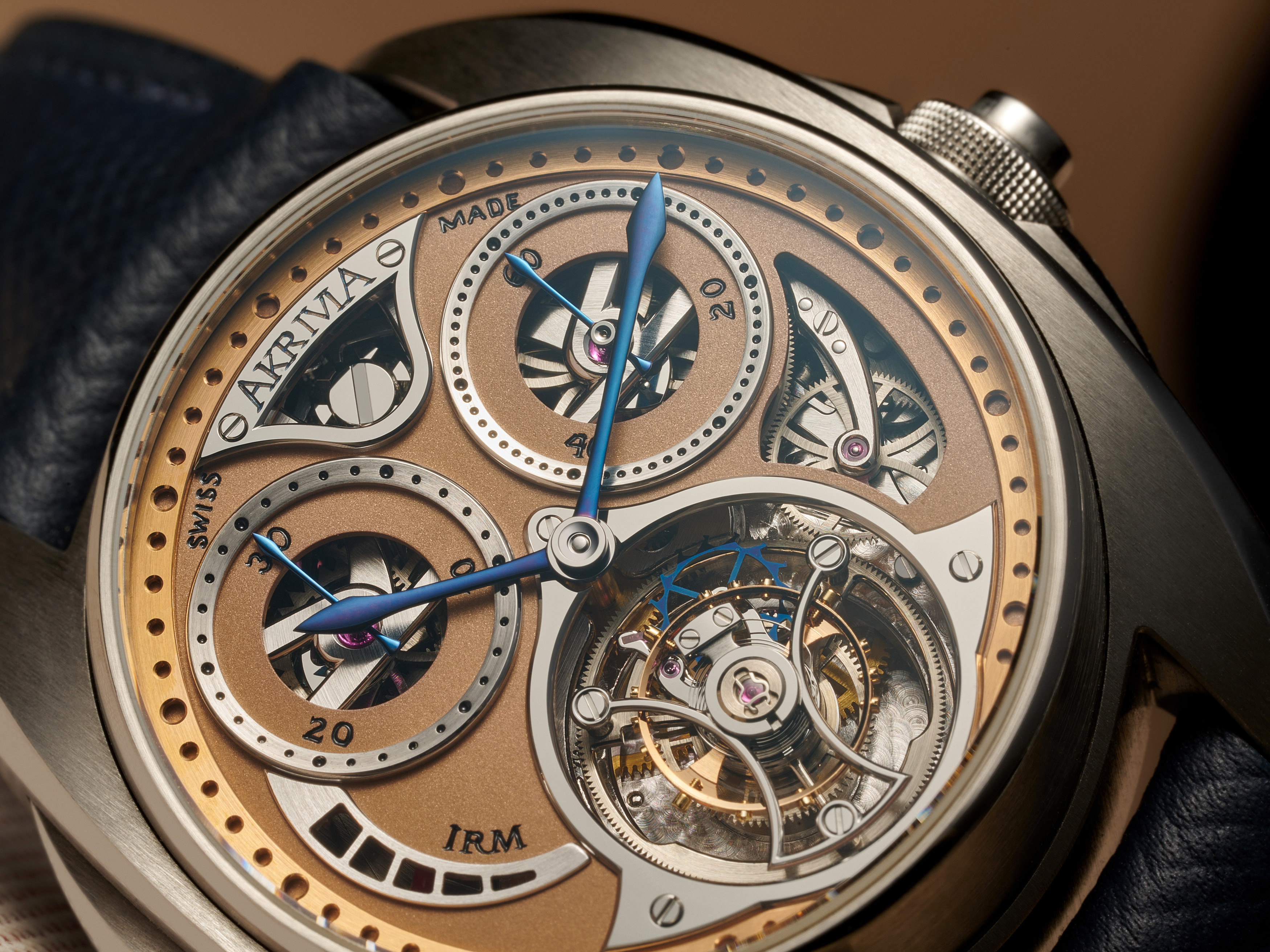 Detail of the AK-01 symmetrical dial with 60-second tourbillon and blued hands Akrivia