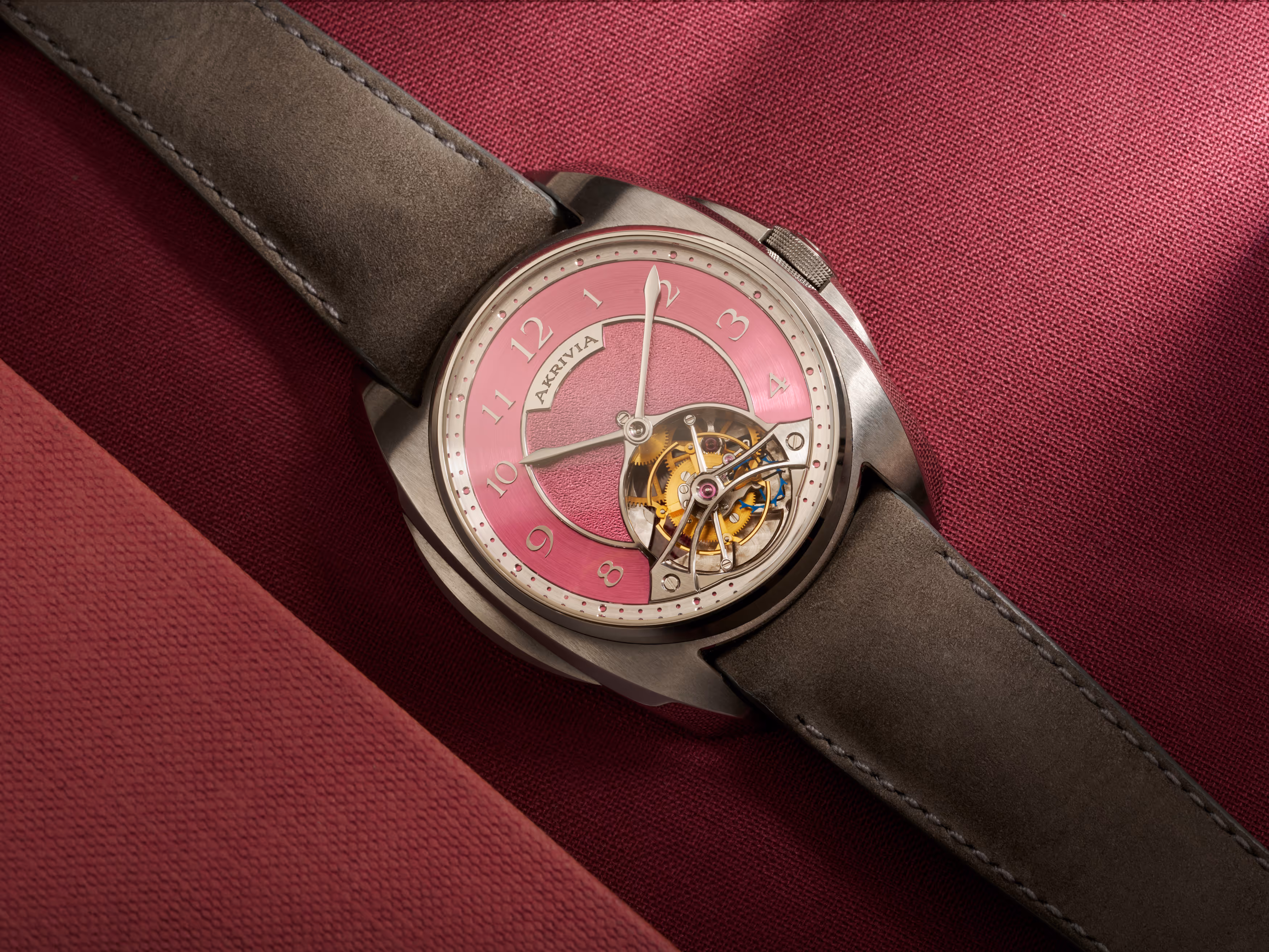 AK-05 Tourbillon Barrette-Miroir watch with pink dial and hand-applied Arabic numerals Akrivia