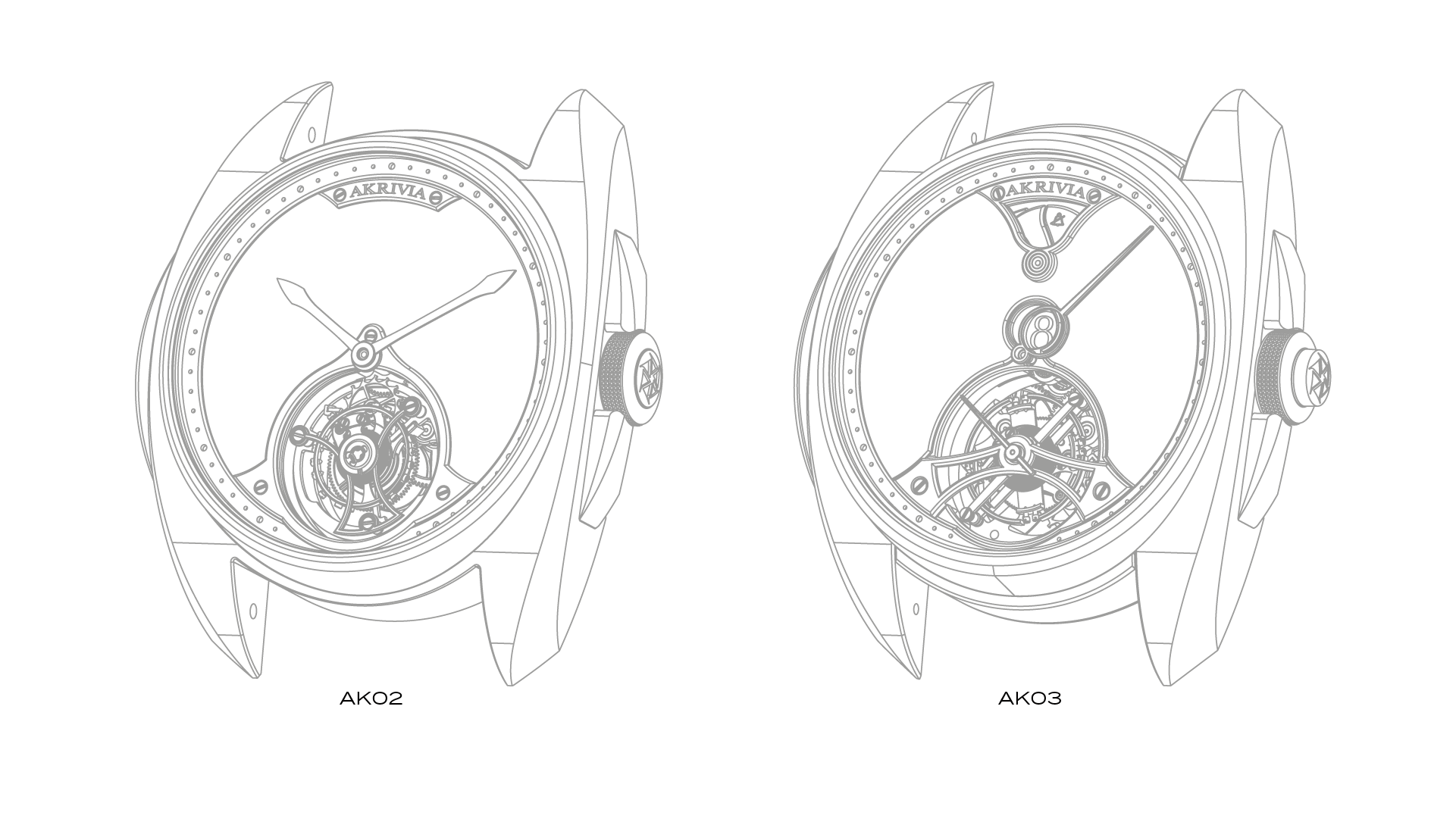 Wireframe sketches of the AK-02 and AK-03 watch models designed by Rexhep Rexhepi