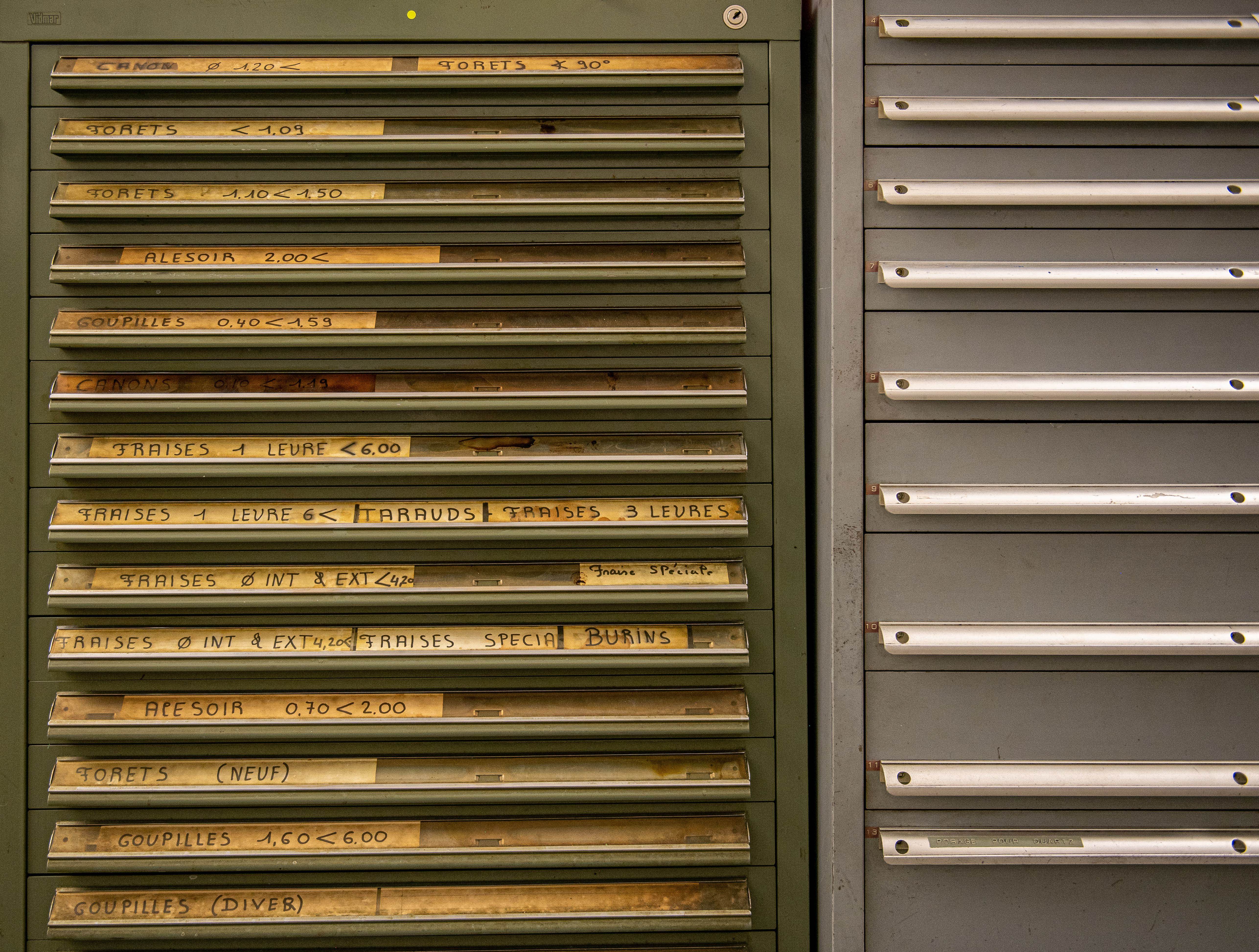 Tool drawer in the conventional micromechanics workshop of Rexhep Rexhepi in Geneva