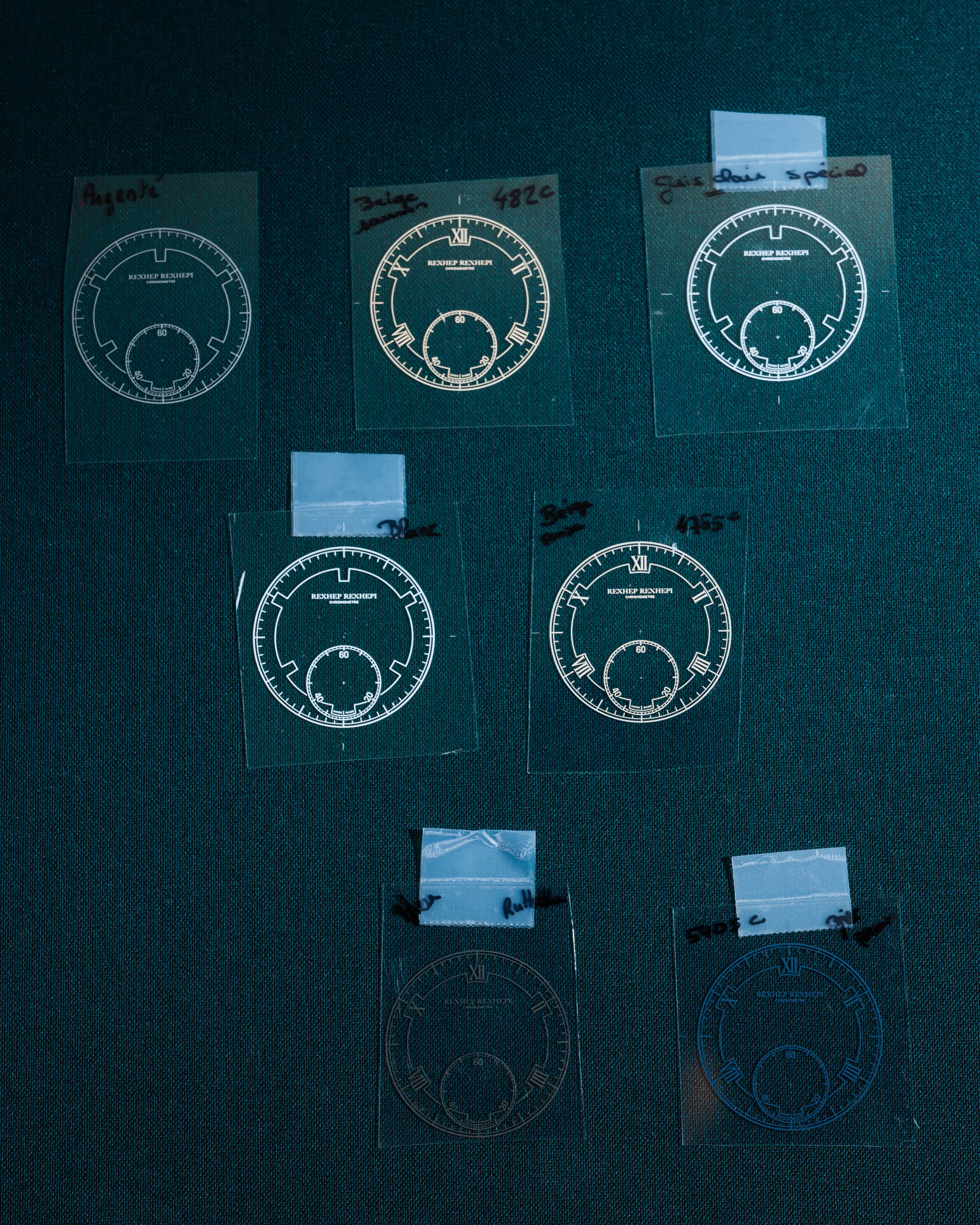 Color samples for the tampography of the dial of the RRCC II by Rexhep Rexhepi on a green blue background