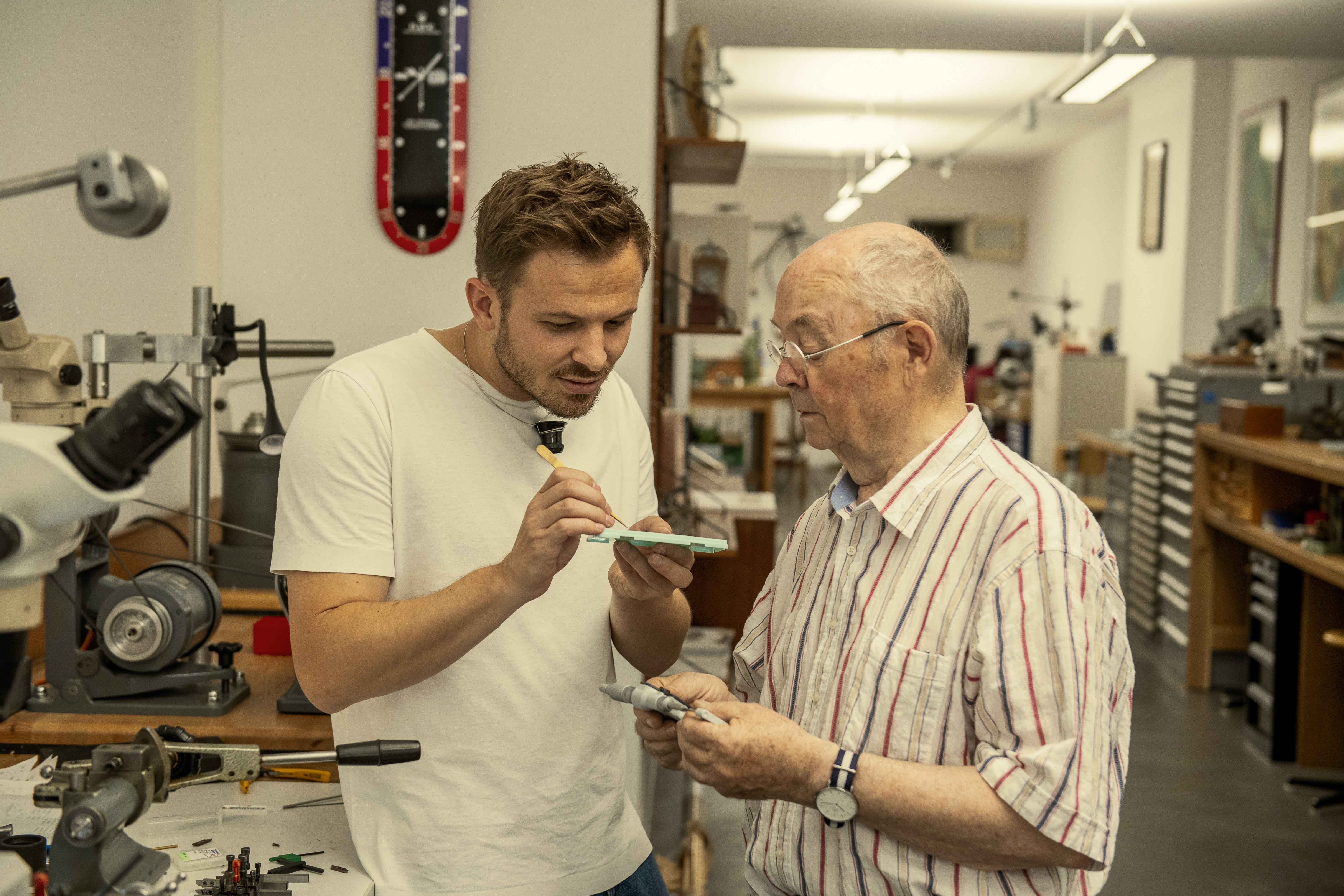 Watchmaker Rexhep Rexhepi with case maker Jean-Pierre Hagmann in the micromechanics workshop Switzerland
