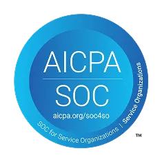 AICPA SOC certification badge with website aicpa.org/soc4so in blue circular design.
