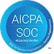 Blue circular badge with text 'AICPA SOC' and smaller text 'SOC 1, SOC 2, SOC 3, SOC for Cybersecurity.'