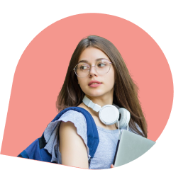 Young woman with glasses, backpack, and headphones holding a laptop, looking sideways against pink background.