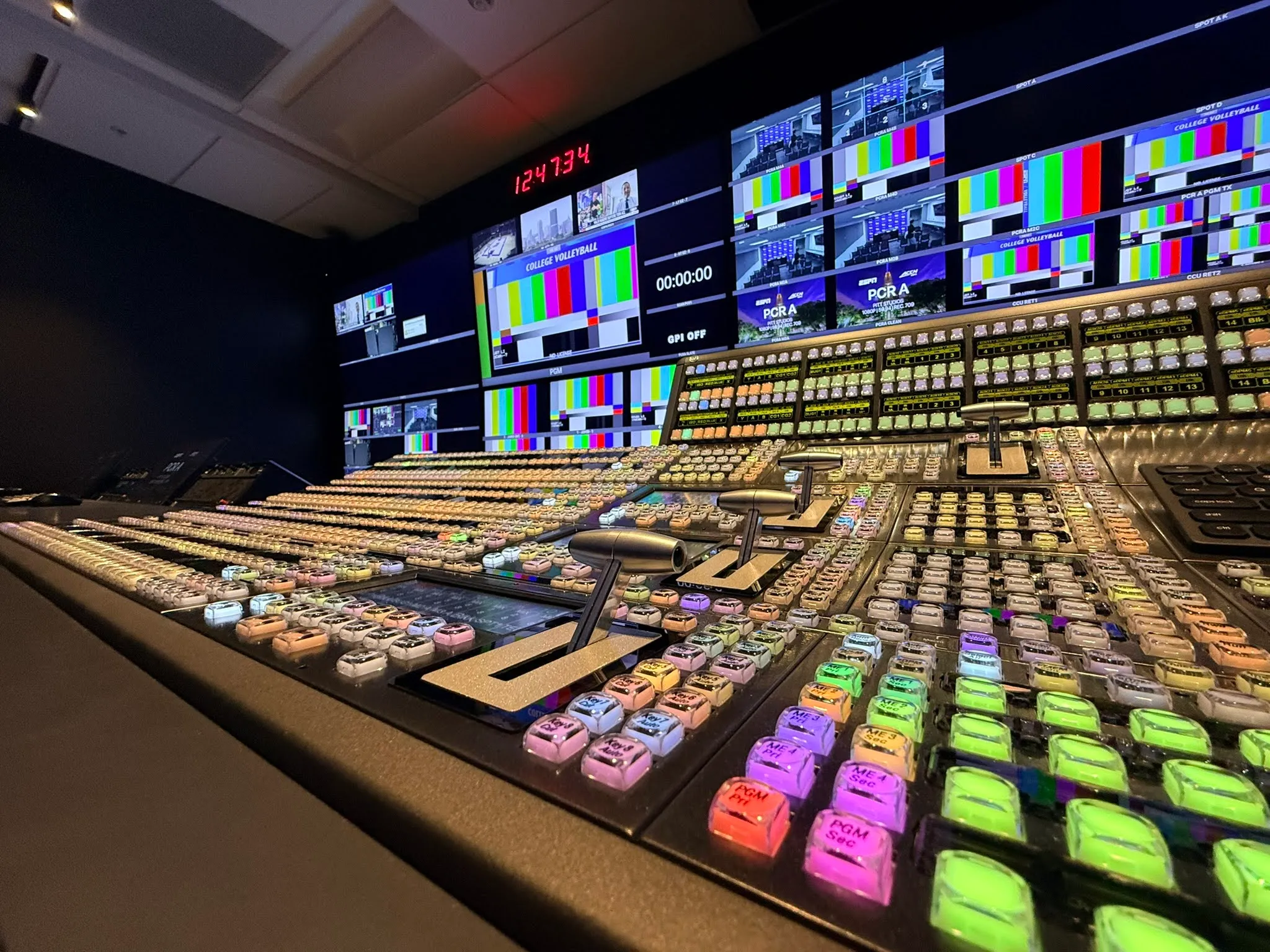 Detailed shot of a broadcast production console and illuminated keys, showing advanced video switching controls.