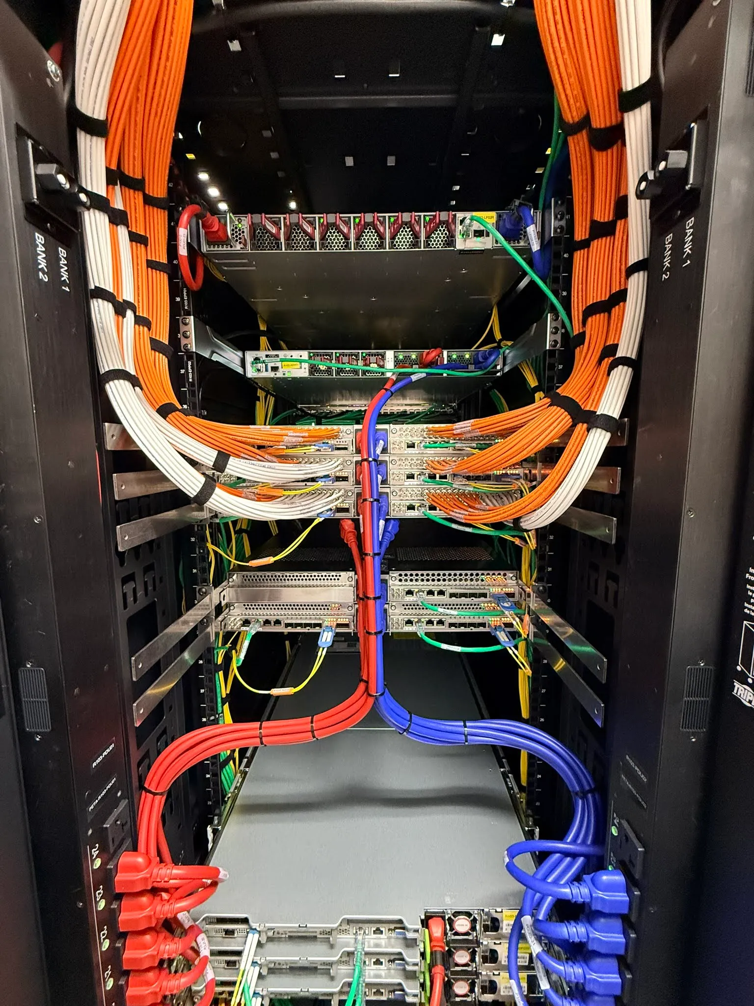 Meticulous color-coded broadcast cabling and fiber management in an IP server rack.