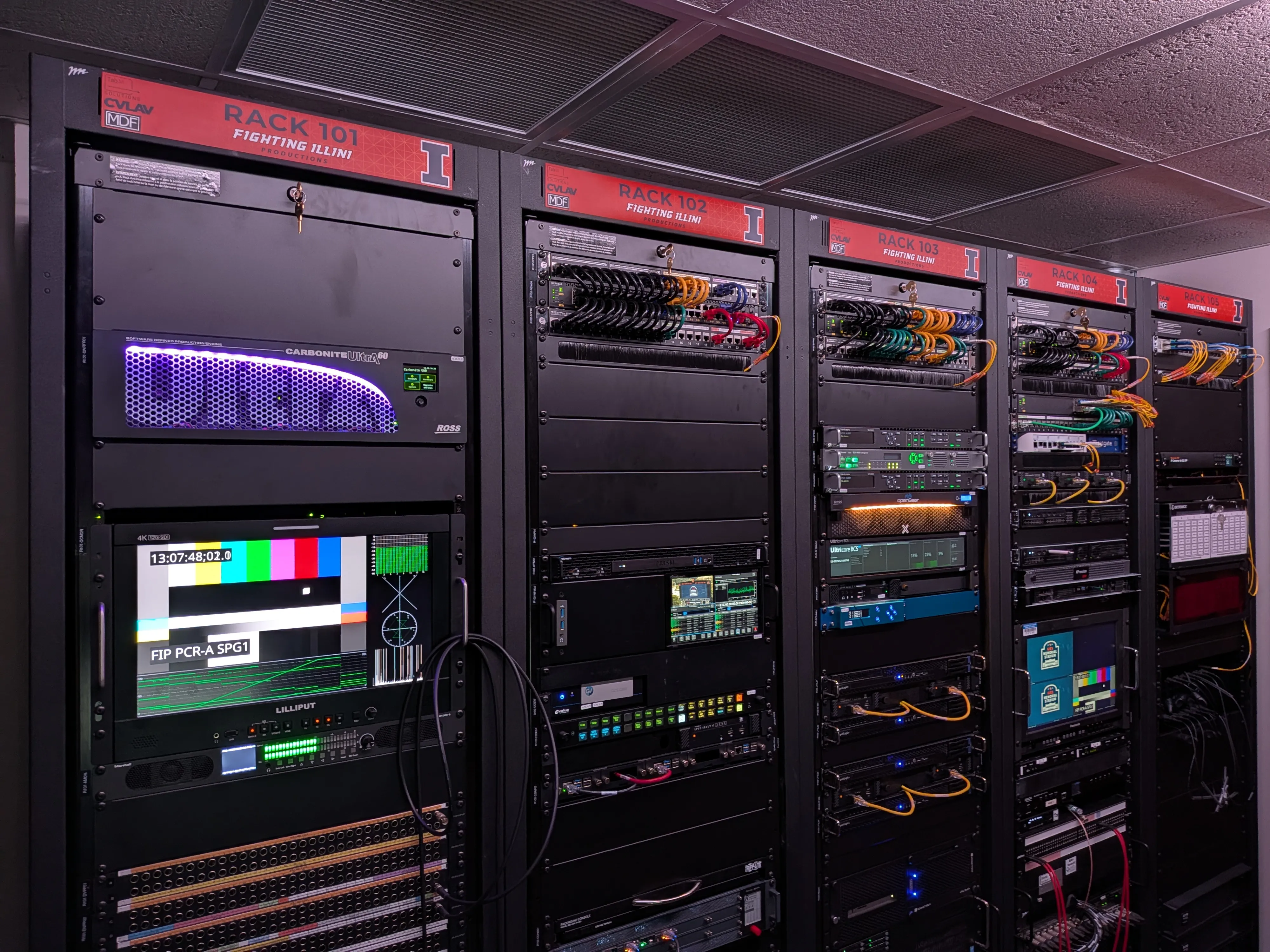 Close-up of broadcast equipment racks (RACK 101-103) featuring Ross Carbonite and video monitoring systems.