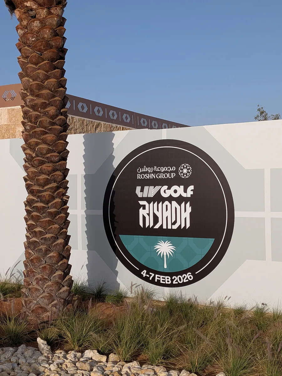 LIV Golf Riyadh 2026 tournament signage at the event entrance in Saudi Arabia.