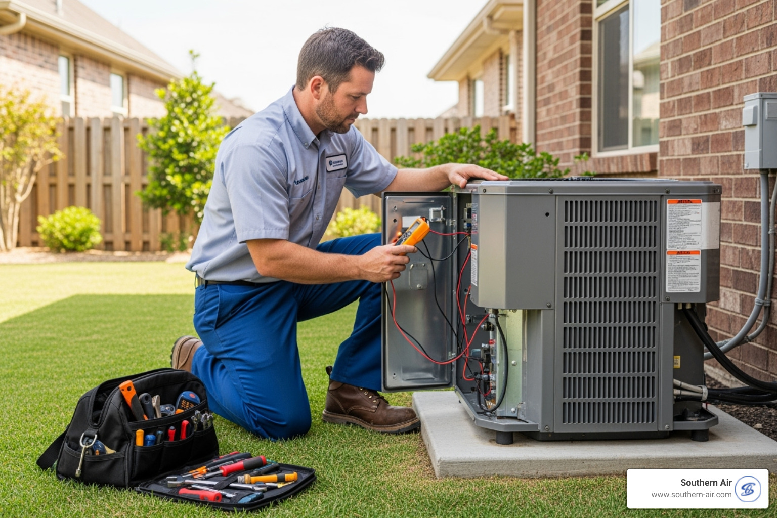 A professional technician diagnosing an outdoor AC unit - Emergency cooling repair