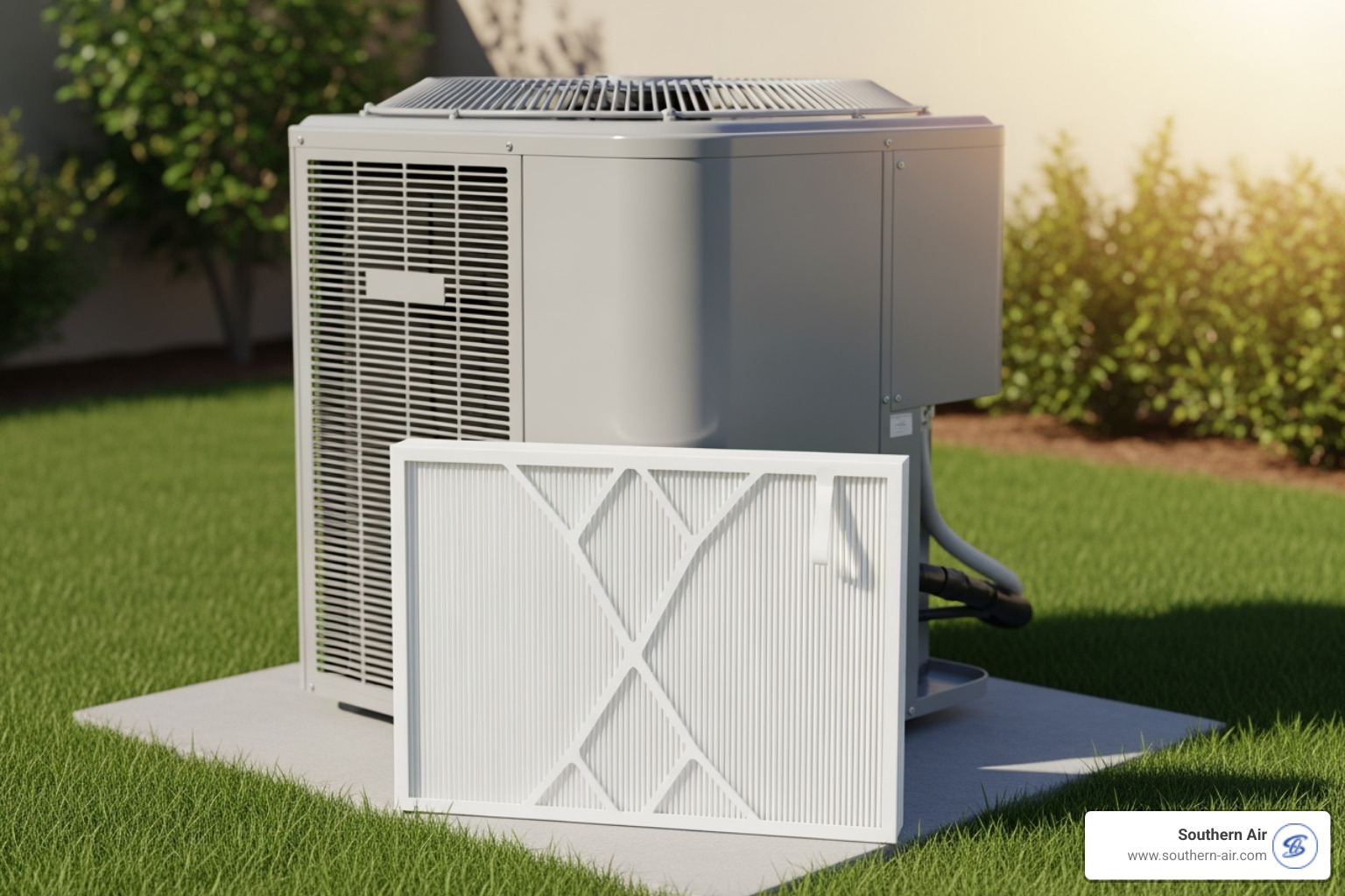 A clean outdoor AC unit and a new air filter ready for installation - Emergency cooling repair