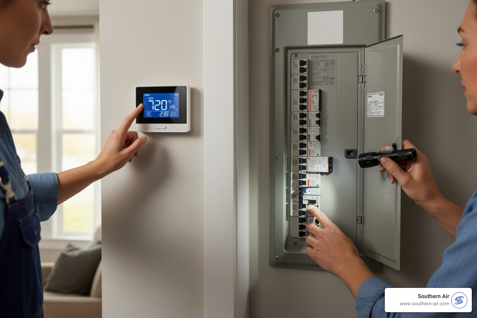 A homeowner safely checking a thermostat and a circuit breaker panel - Emergency cooling repair