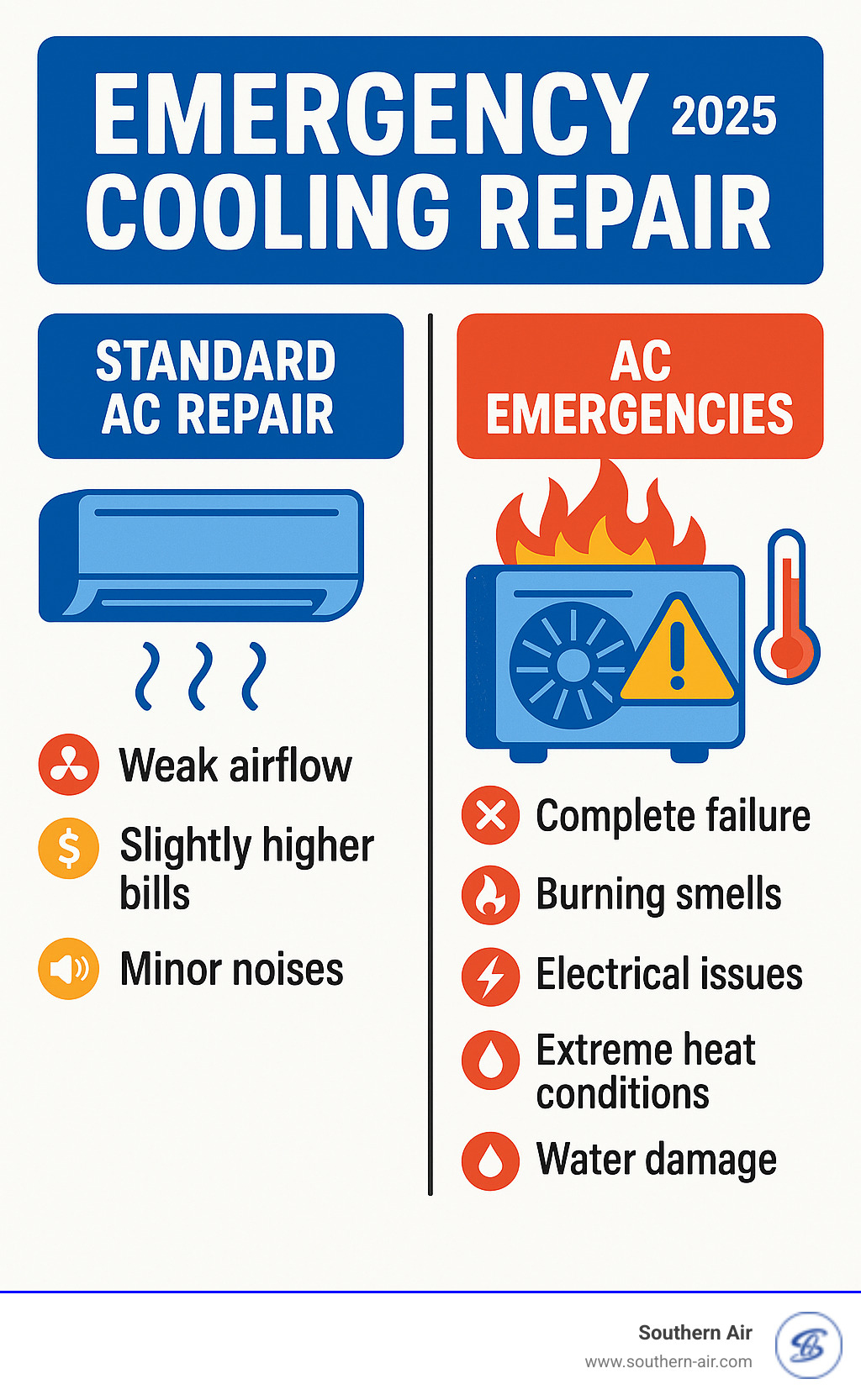 Infographic showing the difference between standard AC repair needs (weak airflow, slightly higher bills, minor noises) versus true AC emergencies (complete failure, burning smells, electrical issues, extreme heat conditions, water damage) - Emergency cooling repair infographic 