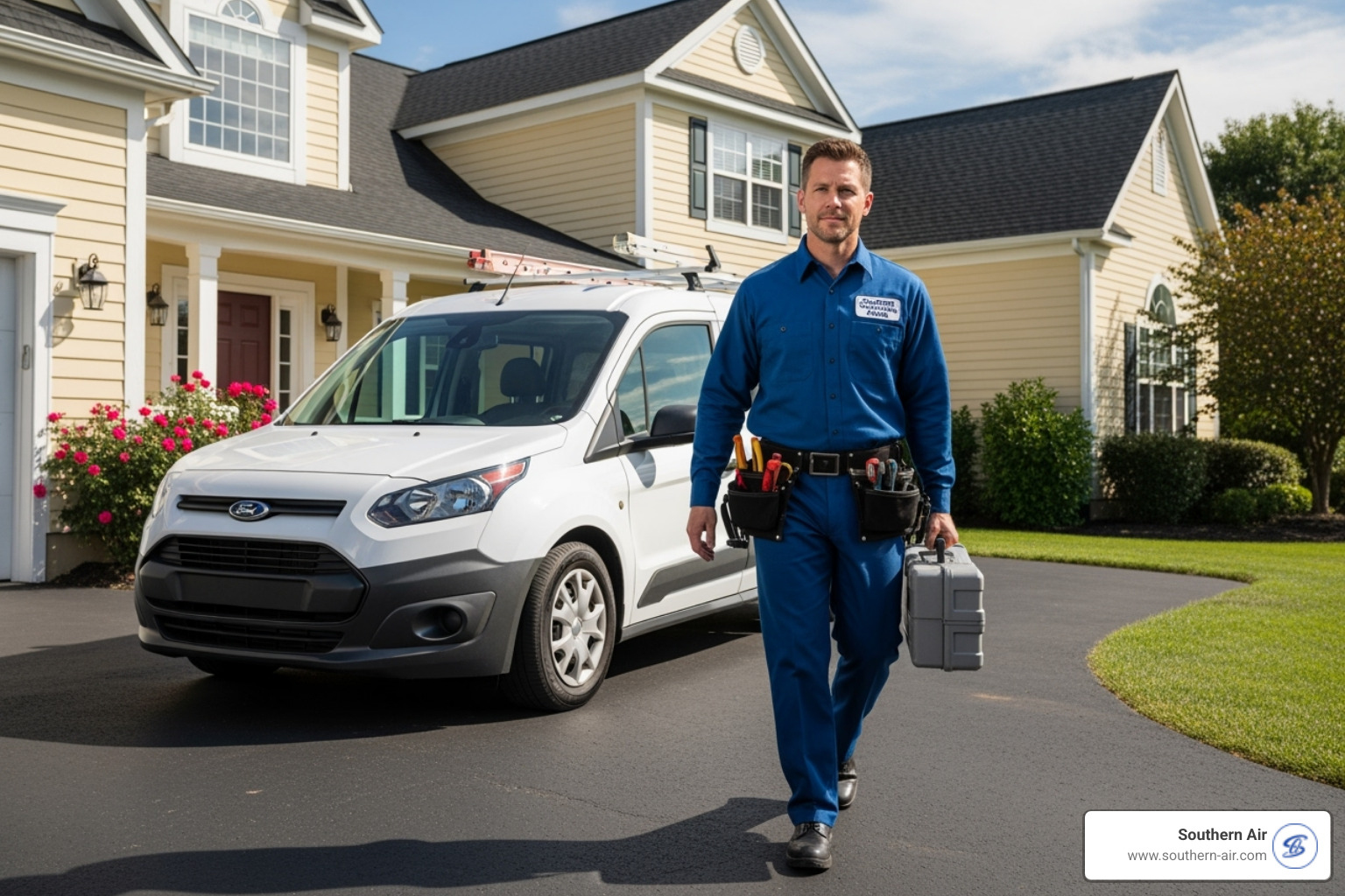 professional HVAC technician arriving in service van - Emergency HVAC repair professional HVAC technician arriving in service van - Emergency HVAC repair