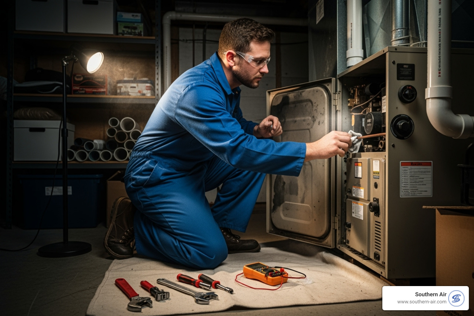 technician performing routine maintenance on furnace - Emergency HVAC repair technician performing routine maintenance on furnace - Emergency HVAC repair