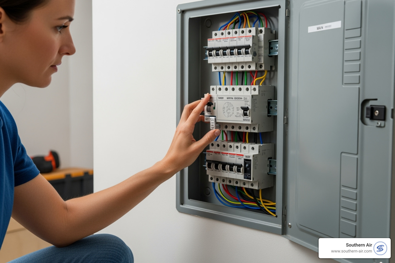 homeowner safely turning off circuit breaker - Emergency HVAC repair homeowner safely turning off circuit breaker - Emergency HVAC repair