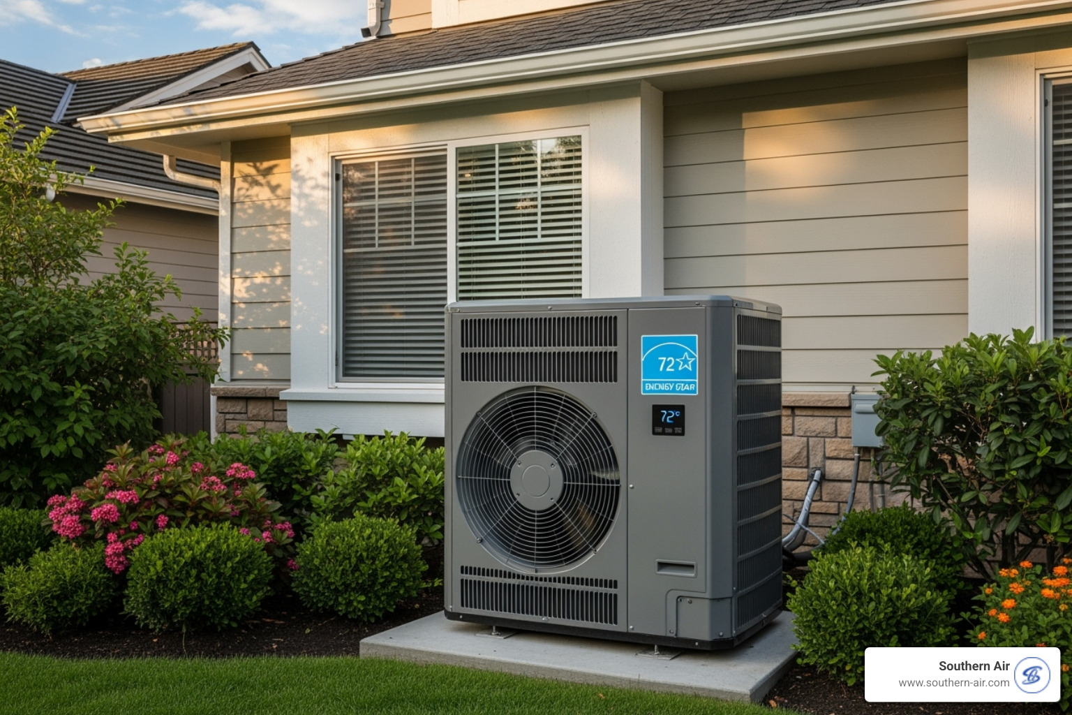 New, high-efficiency AC unit installed outside a home - Broken AC repair