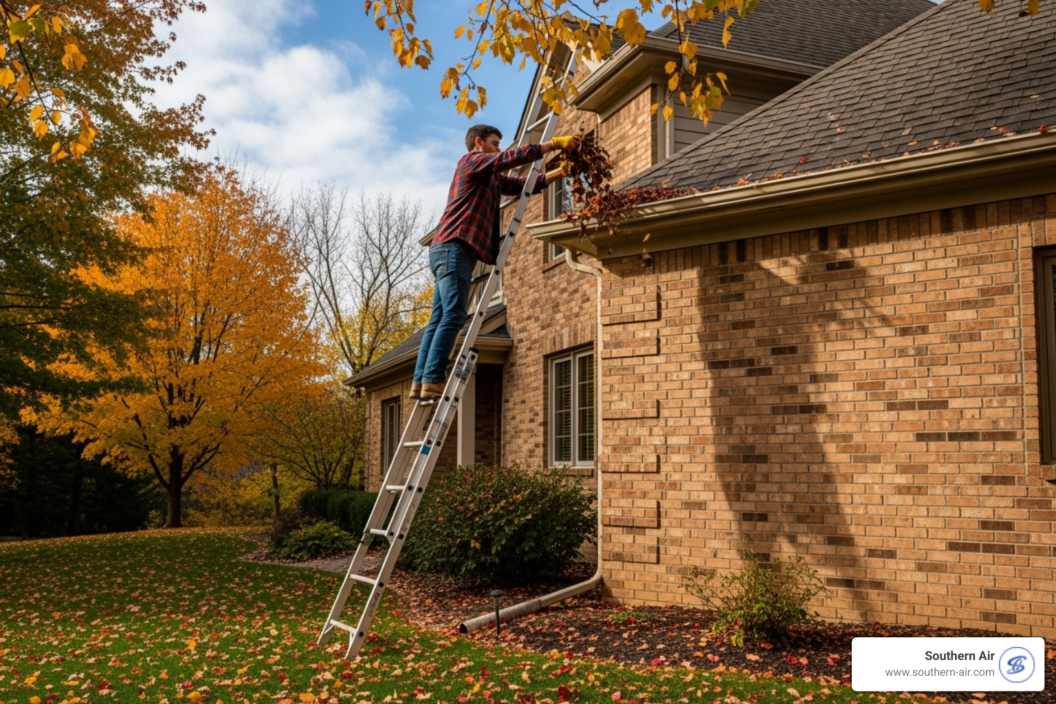 A homeowner cleaning out their gutters in the fall - Affordable home repairs