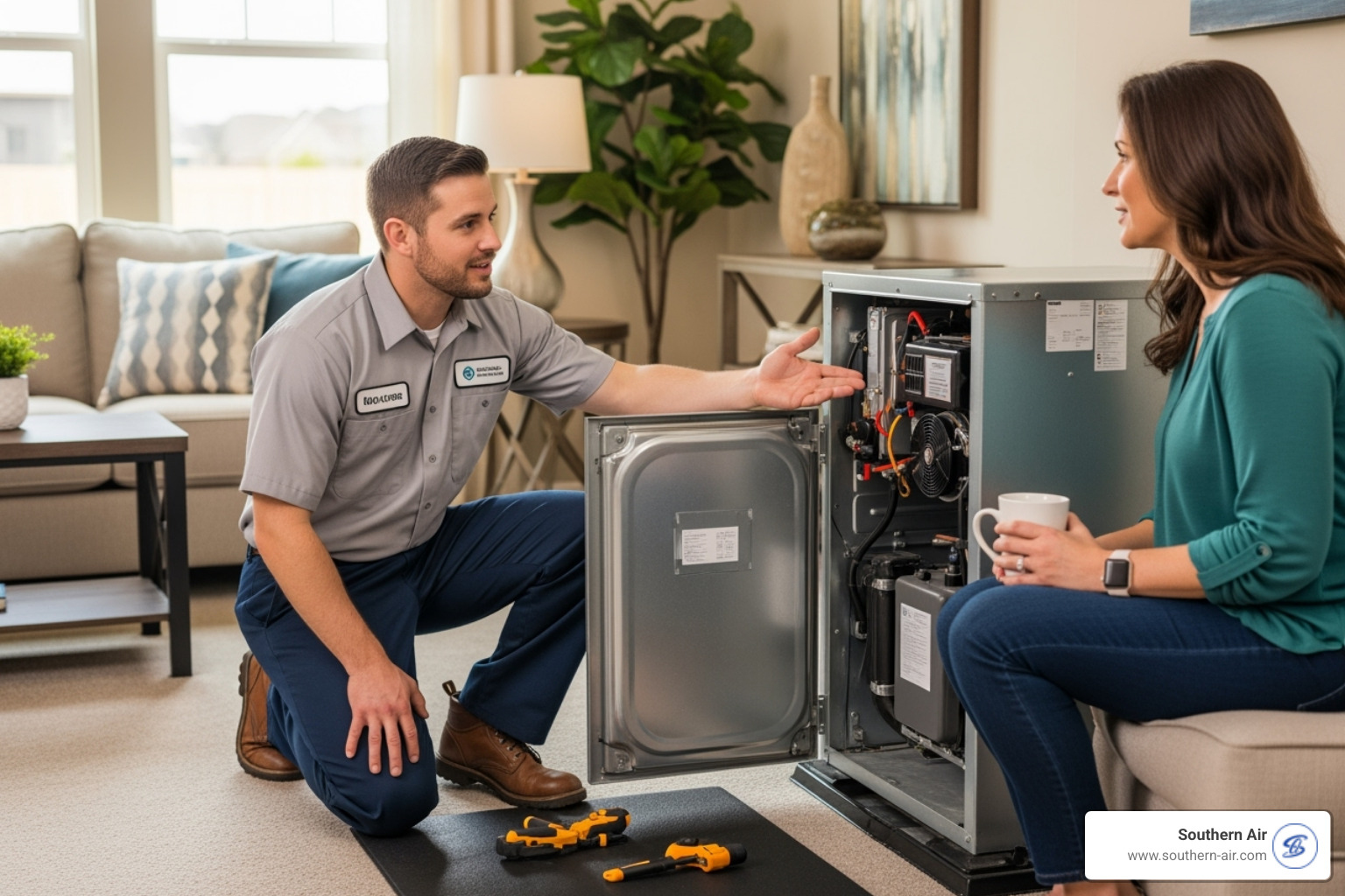 A friendly, professional technician explaining an HVAC issue to a homeowner - Affordable home repairs