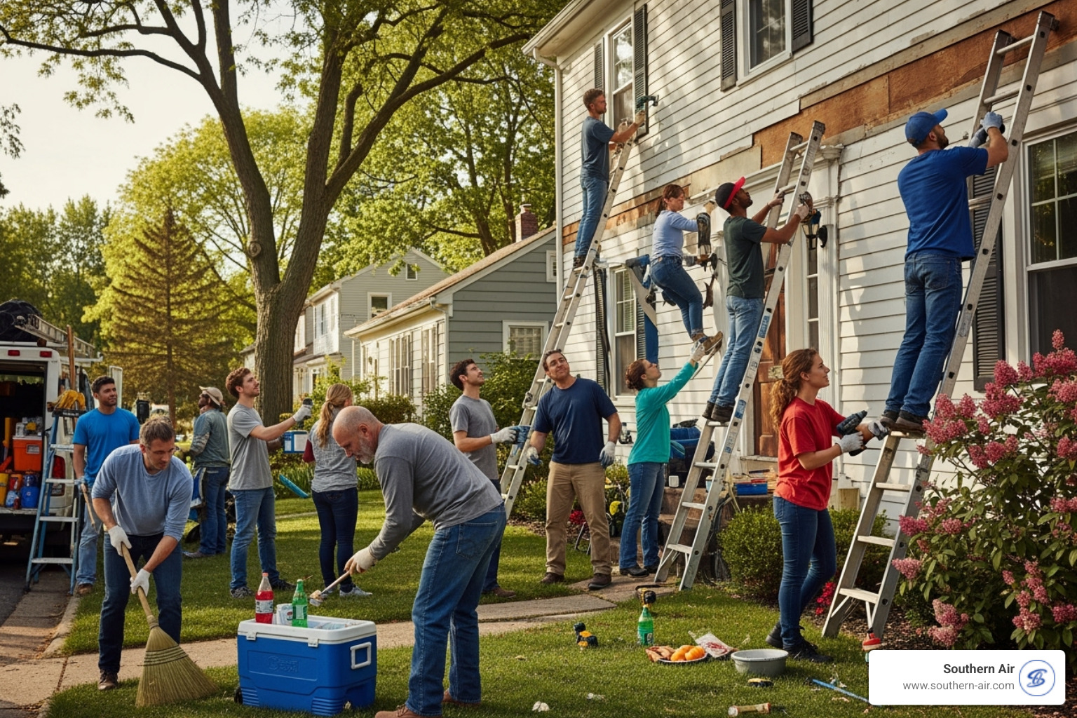 A diverse group of community volunteers working on a house - Affordable home repairs