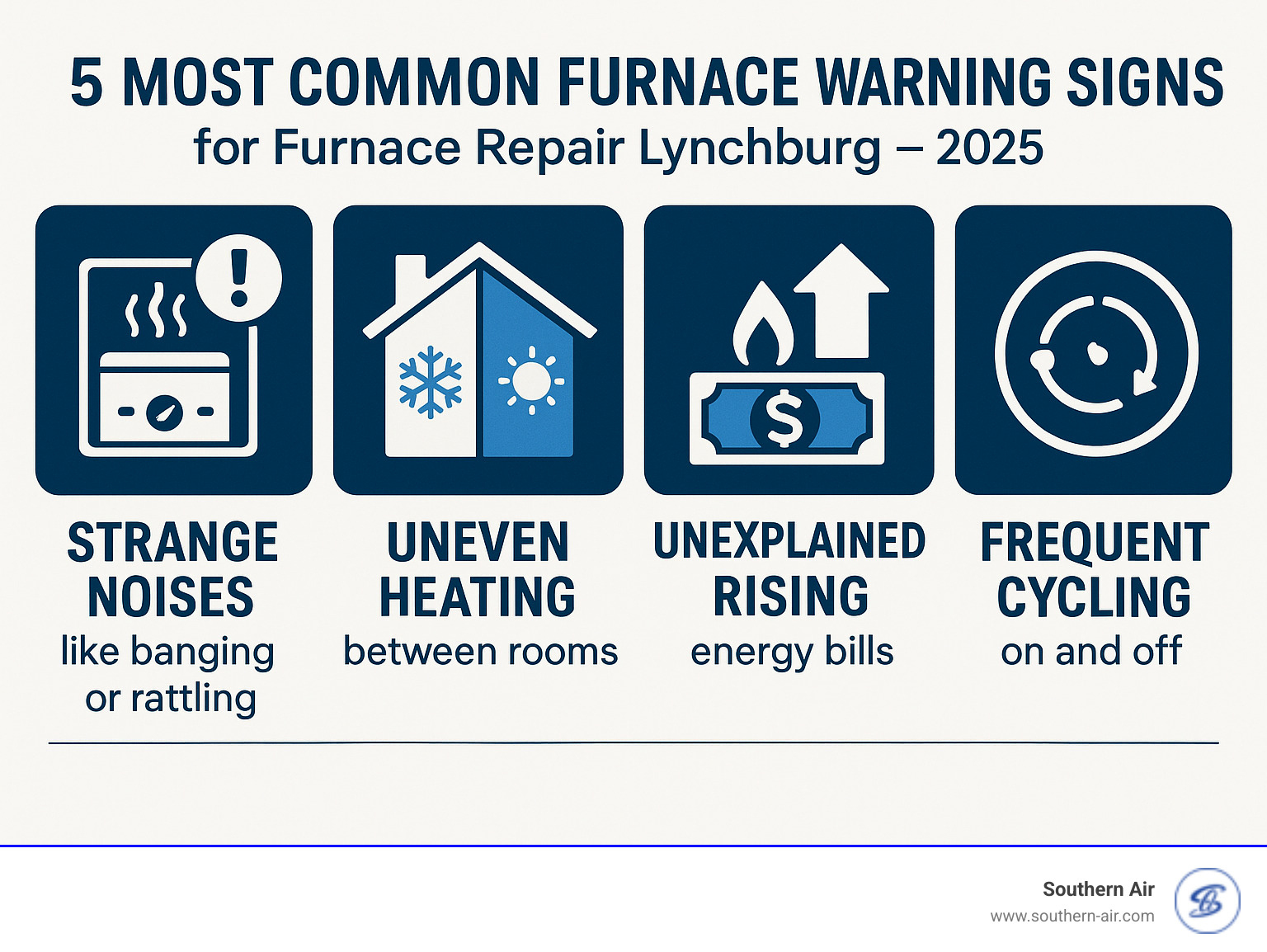 Infographic showing the 5 most common furnace warning signs: strange noises like banging or rattling, uneven heating between rooms, unexplained rising energy bills, yellow pilot light instead of blue flame, and frequent cycling on and off - furnace repair lynchburg infographic 