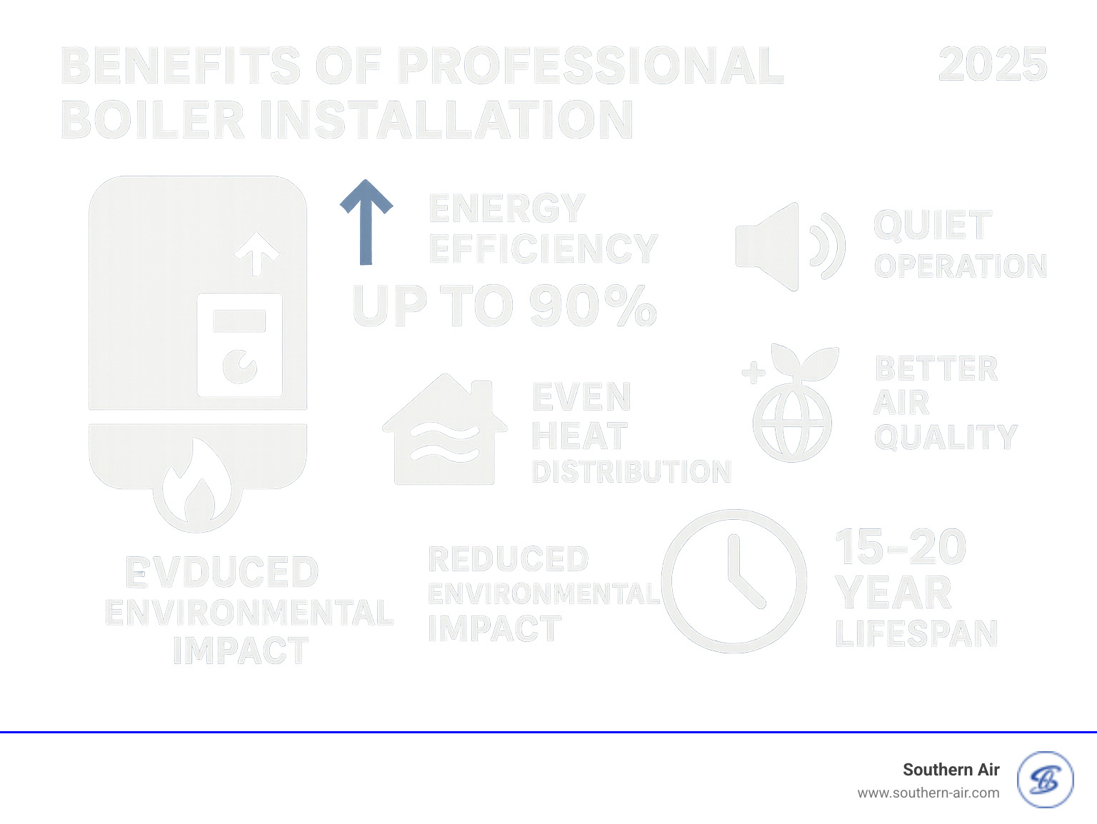 Infographic showing the key benefits of professional boiler installation including improved energy efficiency up to 90%, quiet operation, even heat distribution, better air quality, reduced environmental impact, and 15-20 year lifespan with proper maintenance - Boiler installation Richmond infographic Infographic showing the key benefits of professional boiler installation including improved energy efficiency up to 90%, quiet operation, even heat distribution, better air quality, reduced environmental impact, and 15-20 year lifespan with proper maintenance - Boiler installation Richmond infographic