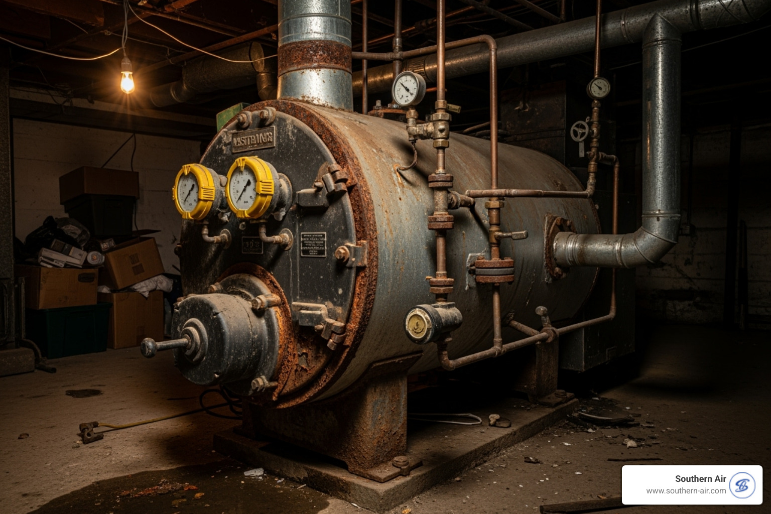 An old, inefficient boiler in a basement, showing signs of wear and tear - Boiler installation Richmond An old, inefficient boiler in a basement, showing signs of wear and tear - Boiler installation Richmond