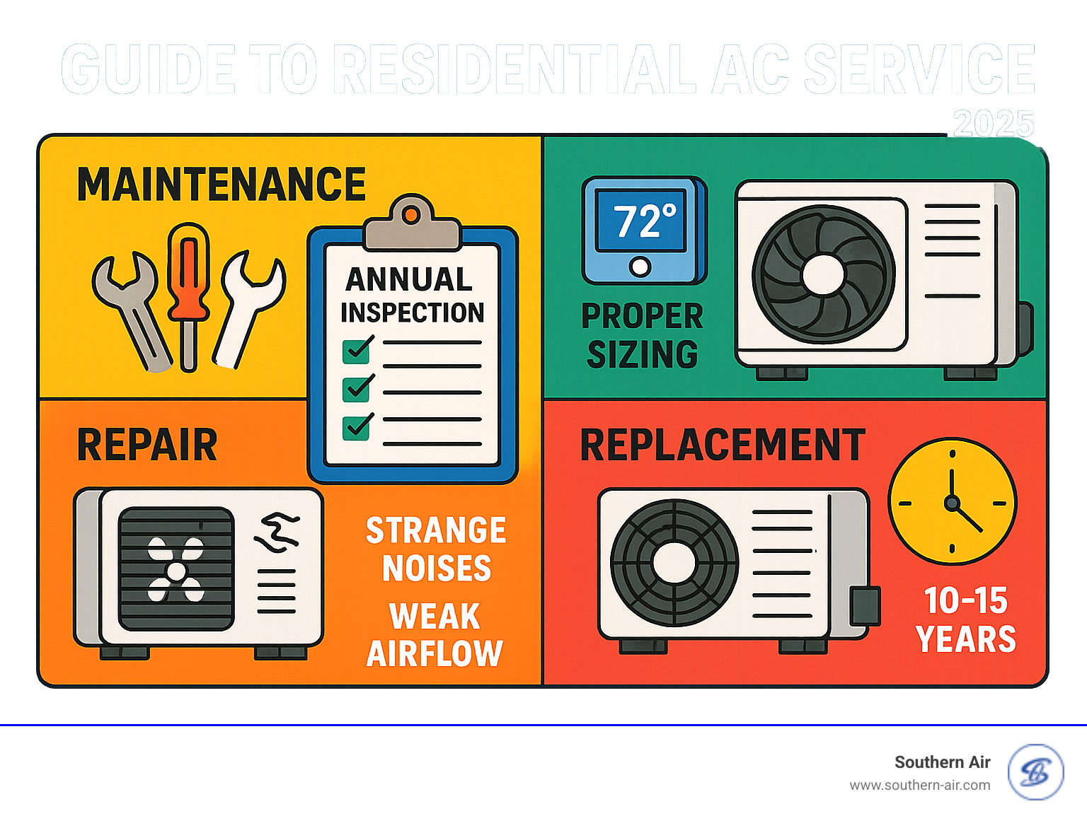 Comprehensive guide showing the four main types of residential AC services: maintenance with annual inspection checklist, repair with common warning signs like strange noises and weak airflow, installation process with proper sizing considerations, and replacement timeline showing when systems typically need upgrading after 10-15 years - Residential AC service infographic 