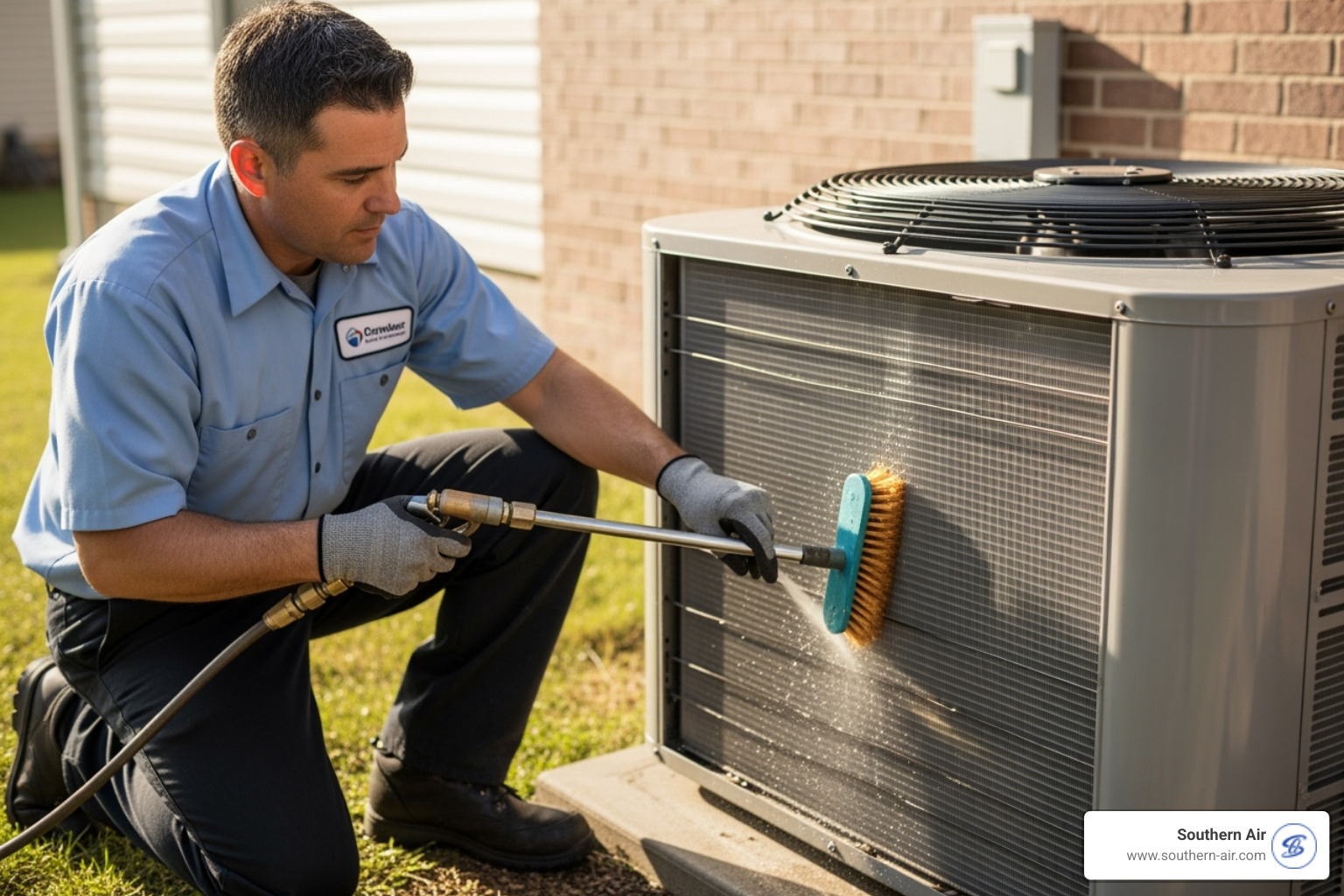 Technician cleaning AC coils - Residential AC service