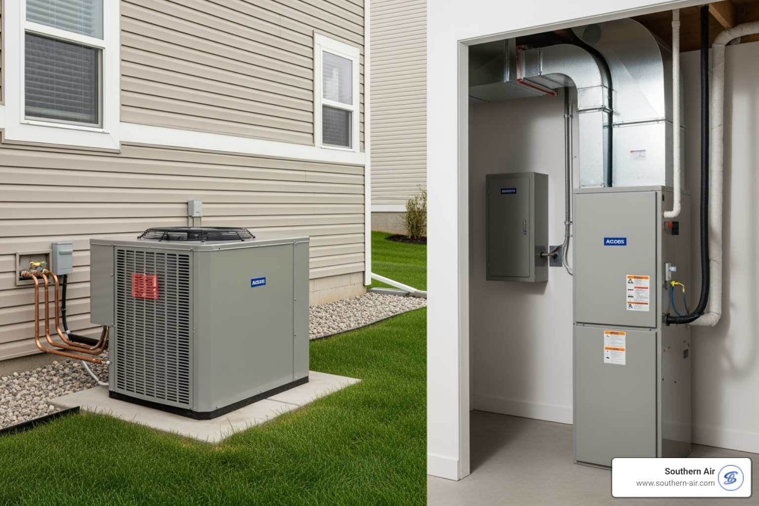 image of a split HVAC system with labels for the indoor and outdoor units - HVAC system Lynchburg