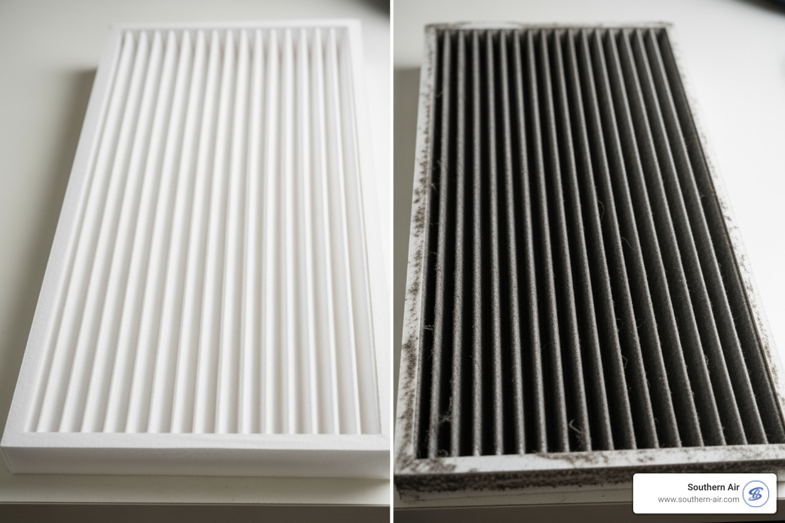 image of a clean air filter next to a dirty one - HVAC system Lynchburg