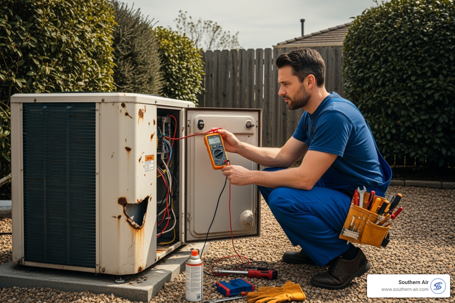 image of a technician inspecting an older HVAC unit - HVAC system Lynchburg