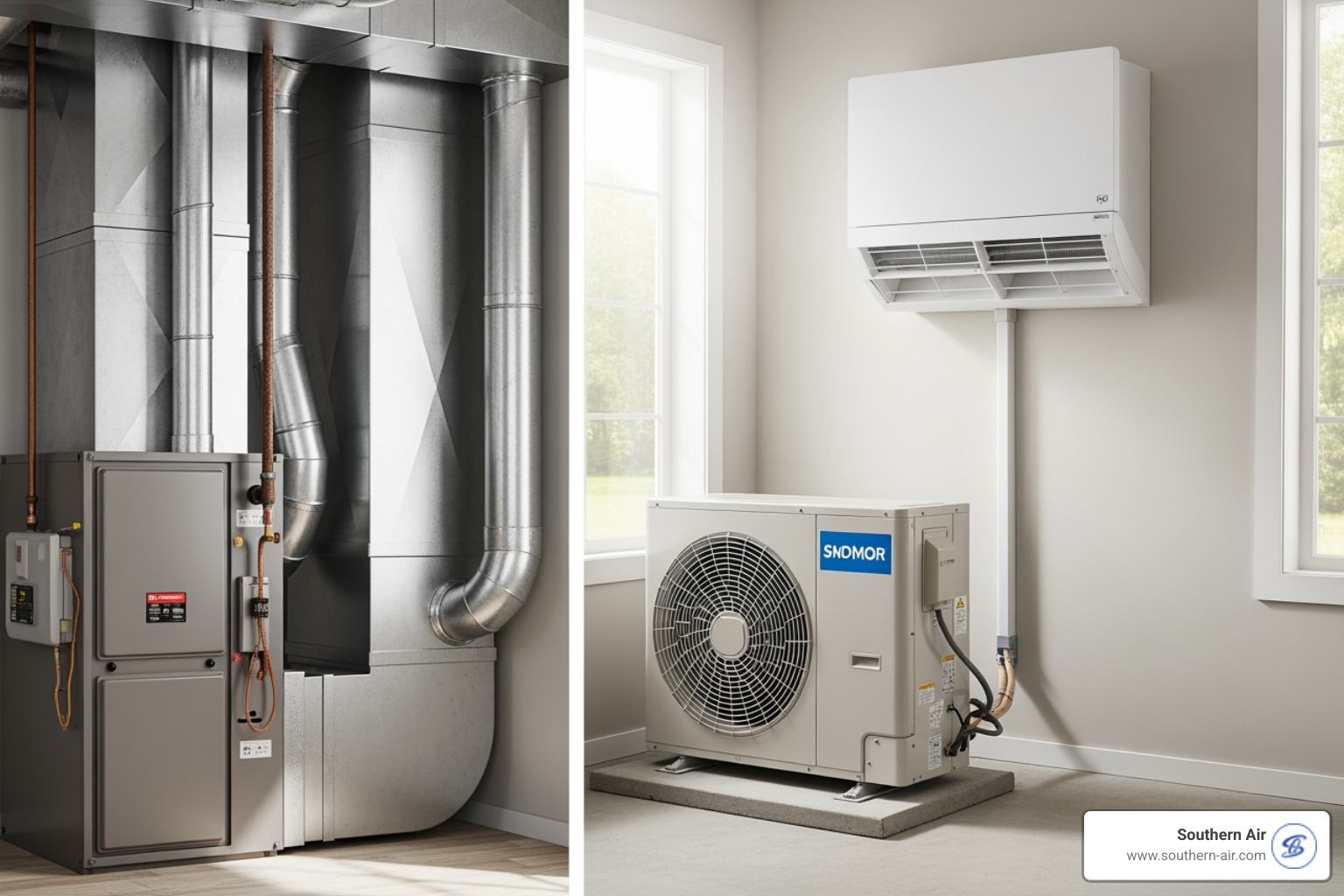 image of different types of HVAC units like a furnace, heat pump, and ductless mini-split - HVAC system Lynchburg