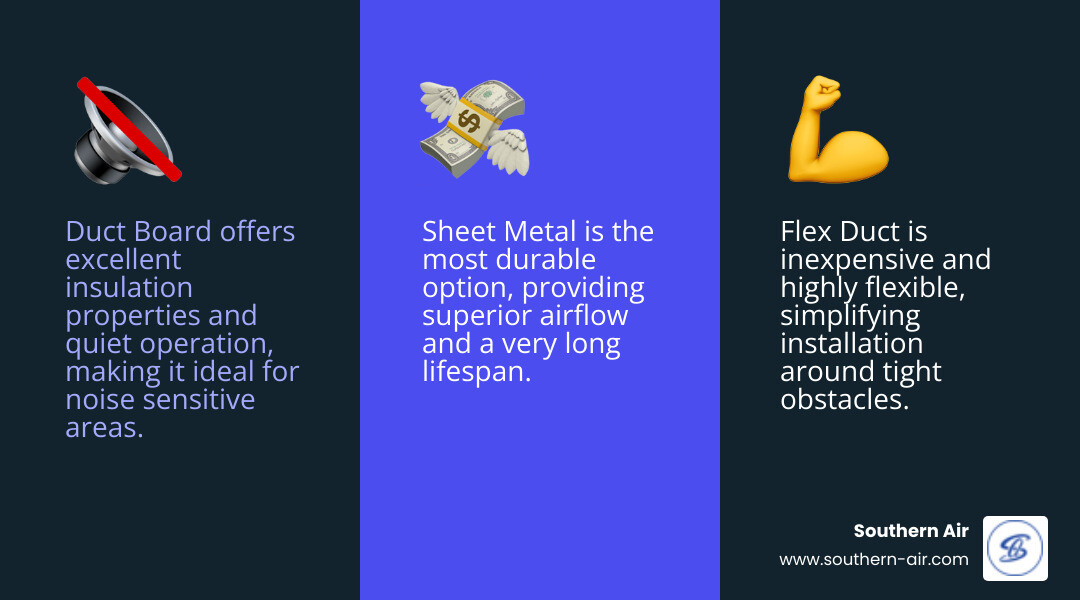 An infographic comparing the pros and cons of different ductwork materials: duct board, flex duct, and sheet metal - Central AC installation infographic 3_facts_emoji_blue An infographic comparing the pros and cons of different ductwork materials: duct board, flex duct, and sheet metal - Central AC installation infographic 3_facts_emoji_blue