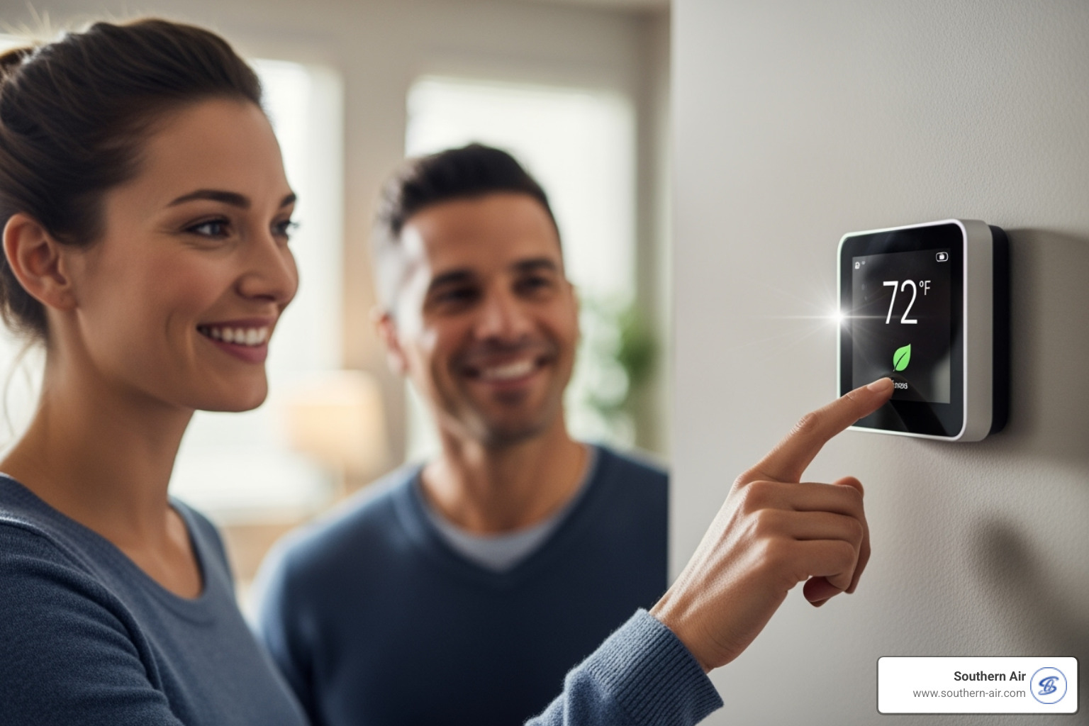 A homeowner smiling while adjusting a smart thermostat on their wall - Central AC installation A homeowner smiling while adjusting a smart thermostat on their wall - Central AC installation