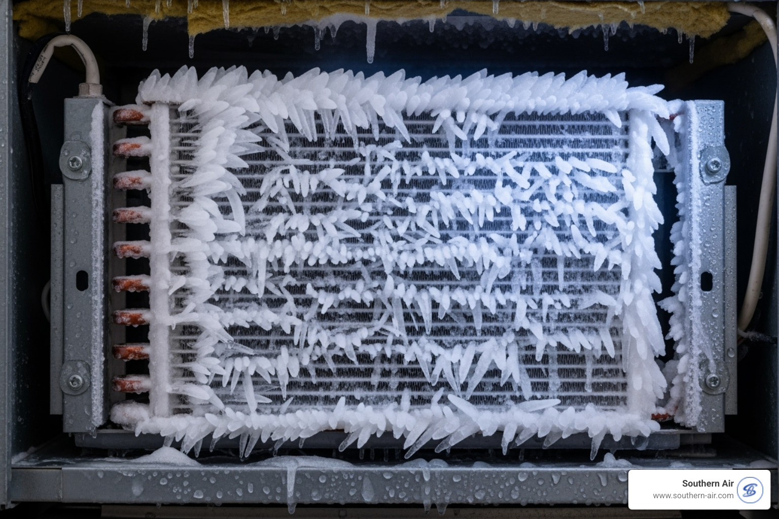 A severely frozen evaporator coil covered in a thick layer of ice - AC coil repair A severely frozen evaporator coil covered in a thick layer of ice - AC coil repair