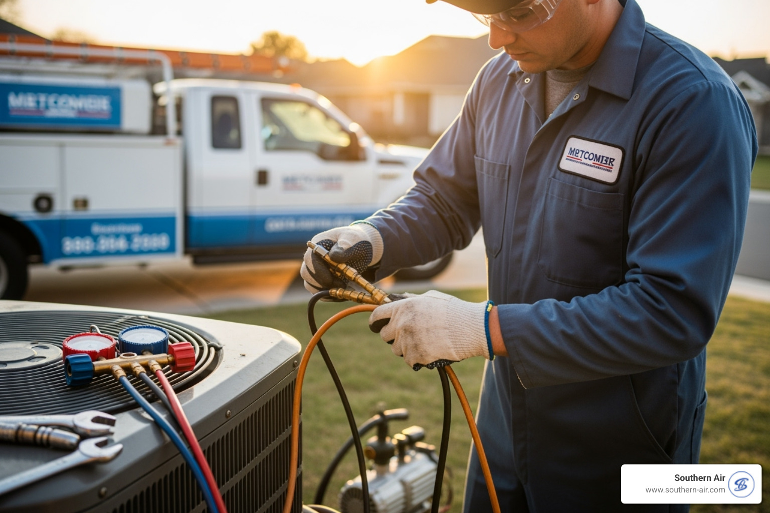 A certified HVAC technician in protective gear safely handling refrigerant lines during an AC repair - AC coil repair A certified HVAC technician in protective gear safely handling refrigerant lines during an AC repair - AC coil repair