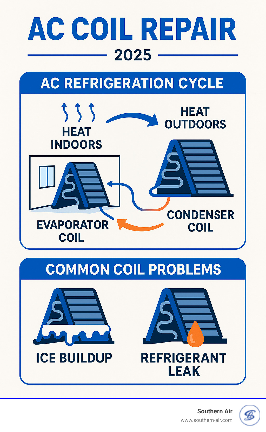 Detailed infographic showing AC refrigeration cycle with evaporator coil absorbing heat indoors, refrigerant flow, condenser coil releasing heat outdoors, and common coil problem indicators like ice buildup and refrigerant leaks - AC coil repair infographic Detailed infographic showing AC refrigeration cycle with evaporator coil absorbing heat indoors, refrigerant flow, condenser coil releasing heat outdoors, and common coil problem indicators like ice buildup and refrigerant leaks - AC coil repair infographic