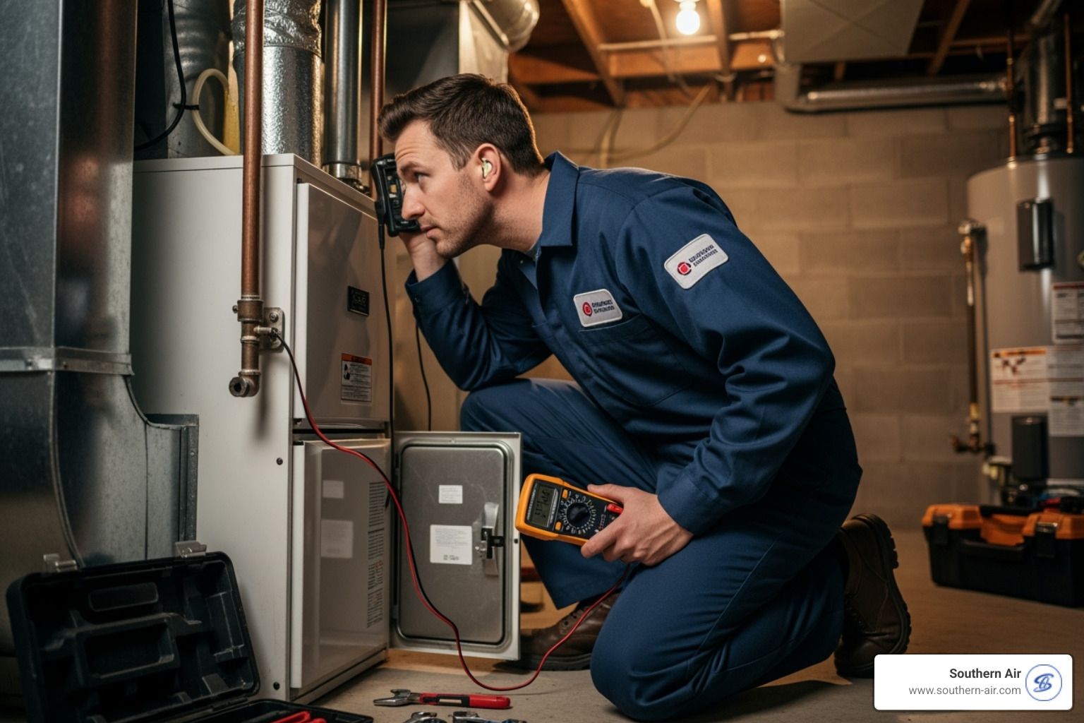 technician listening to furnace unit - furnace repair Lynchburg
