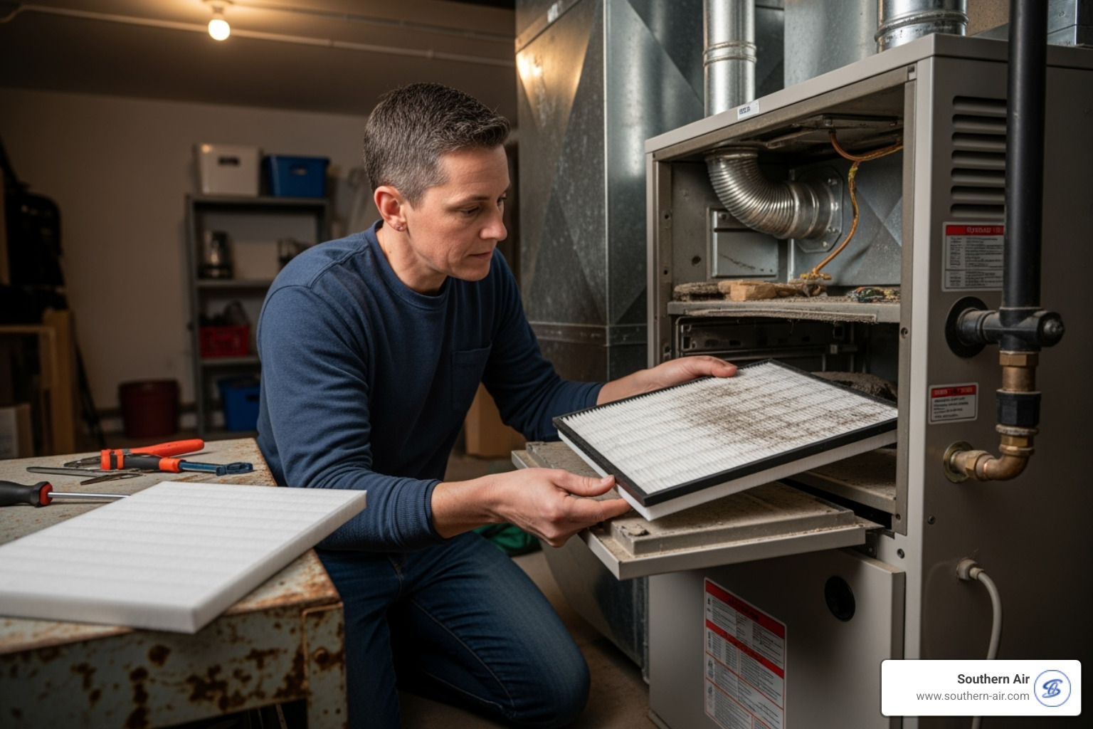 homeowner changing furnace air filter - furnace repair Lynchburg