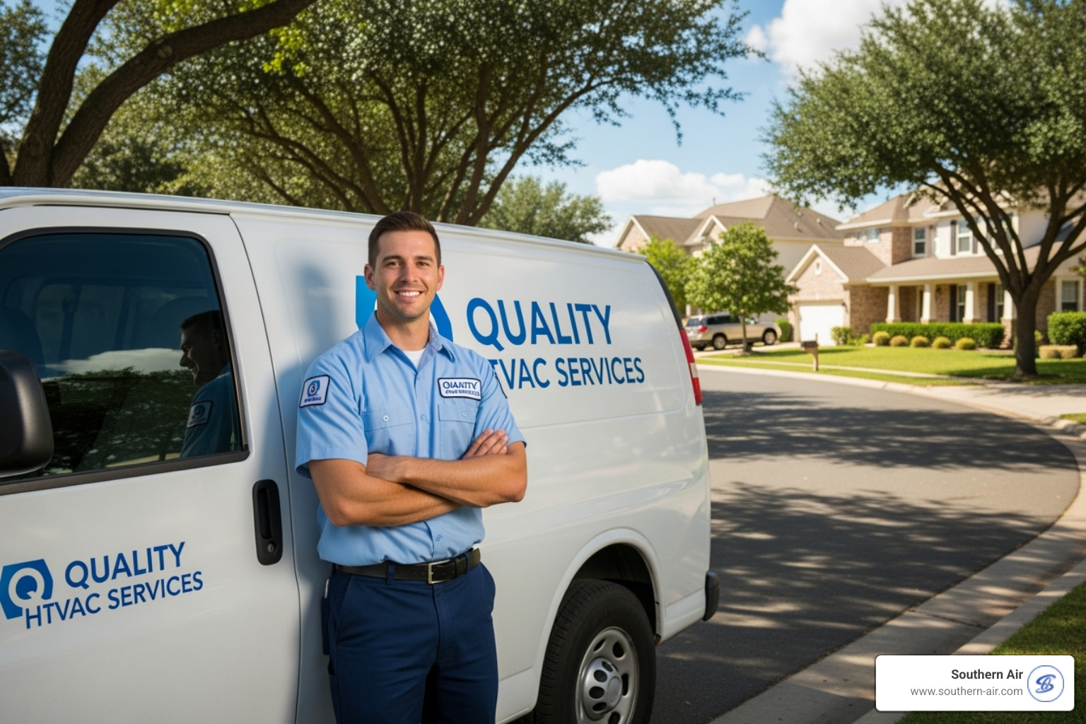 friendly professional technician with van in Lynchburg neighborhood - furnace repair Lynchburg