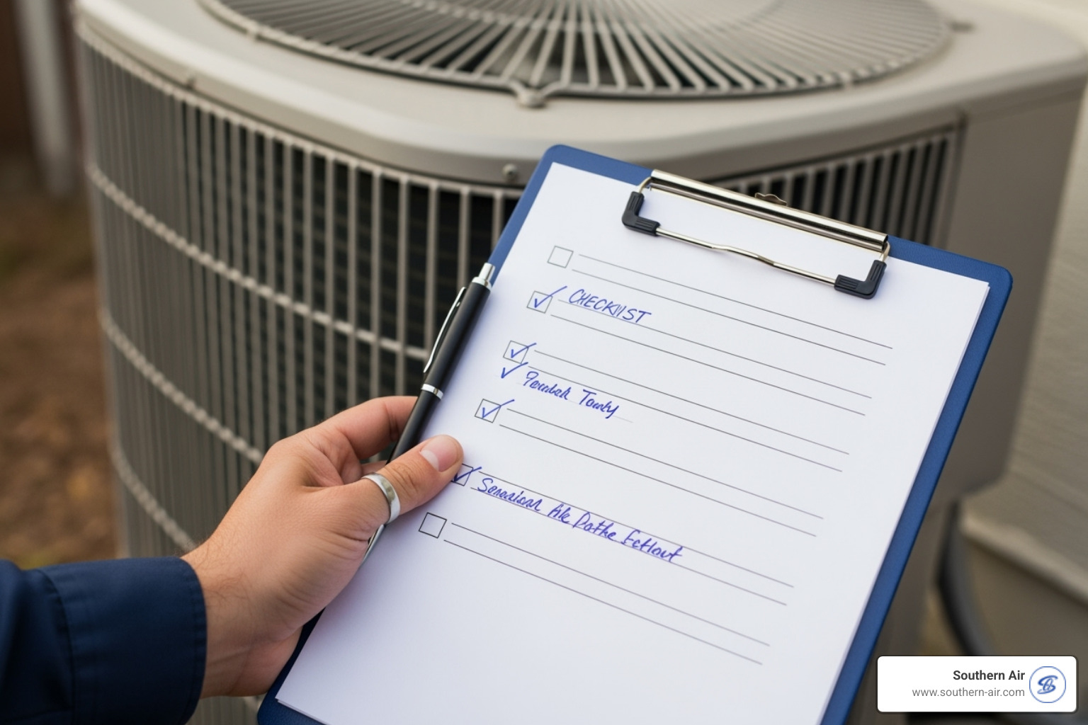 technician's comprehensive checklist next to an AC unit - ac tune up lynchburg