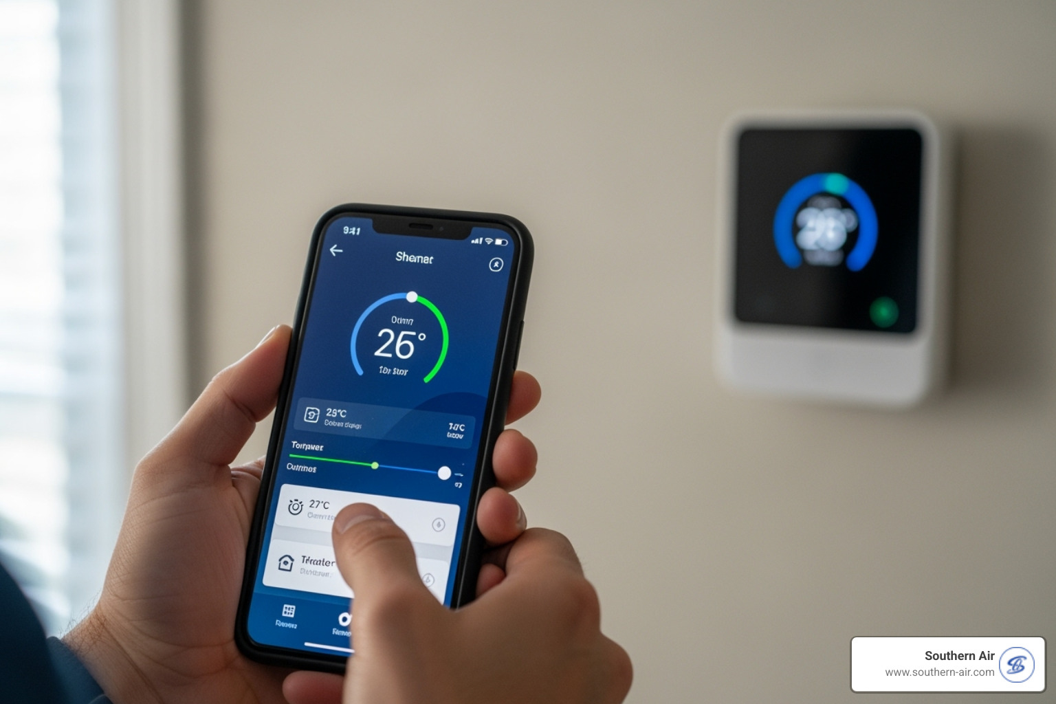 Person adjusting smart thermostat on phone - Home comfort systems